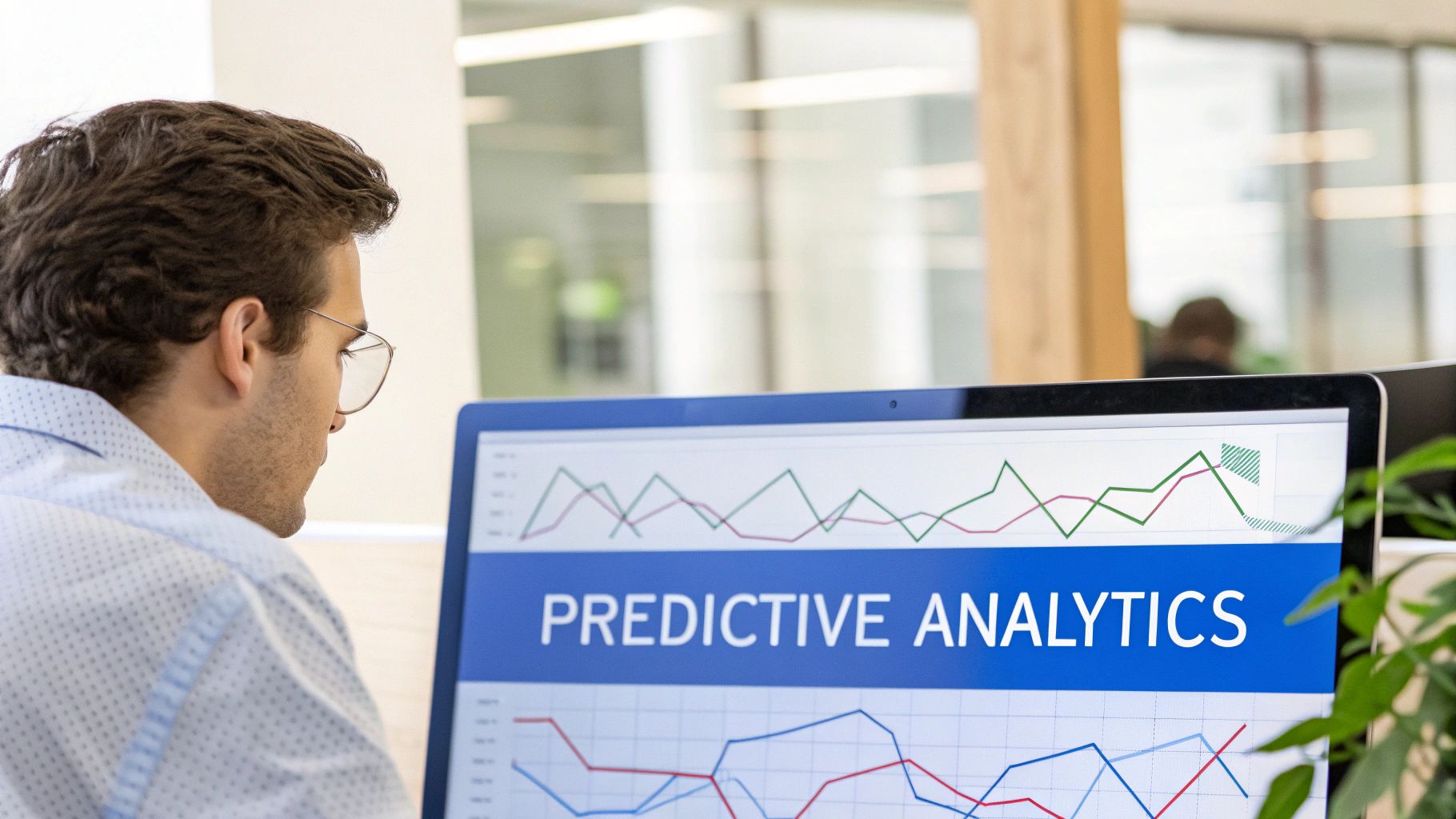 Businessman viewing predictive analytics data charts on a laptop in a modern office environment.