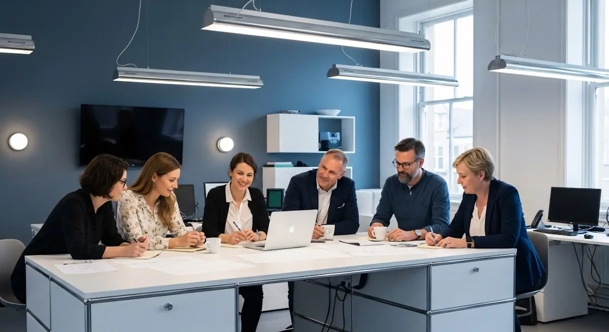 Creative team collaborating around table in modern office with laptop and documents