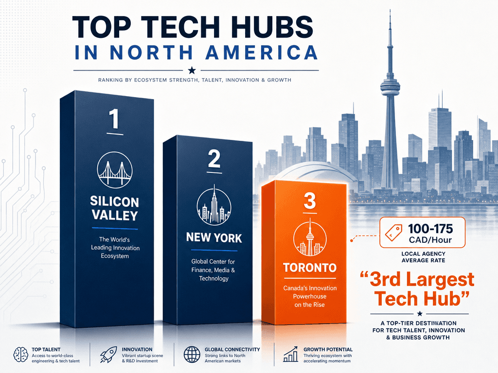 Infographic showing Toronto as the 3rd largest tech hub in North America alongside Silicon Valley and New York for digital marketing expertise.