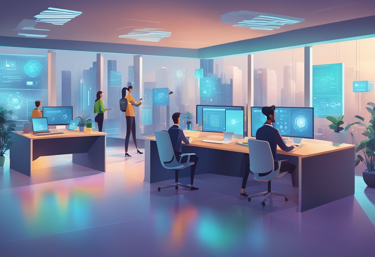 A futuristic office setting with AI technology seamlessly integrated into HR processes. Computer screens display data analysis and virtual assistants interact with employees