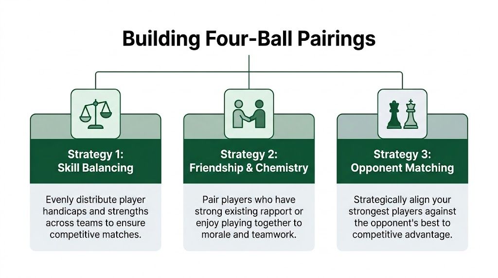 An infographic showing three strategies for building golf four-ball pairings based on skill, chemistry, and opposition.