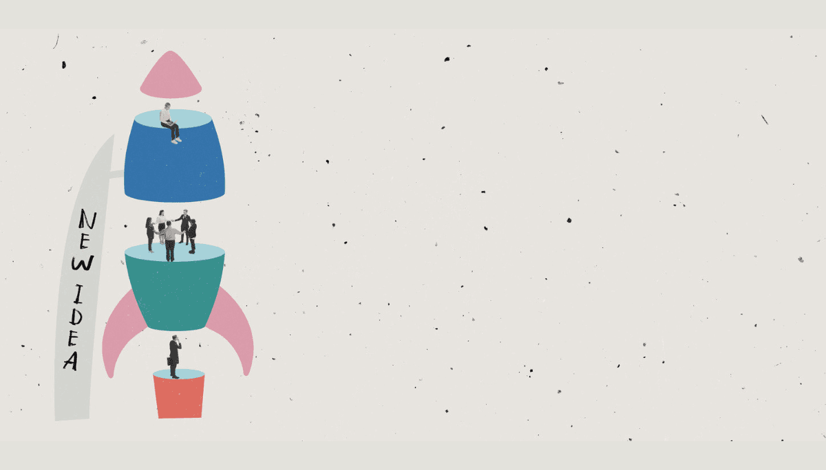 Stylized rocket made of colorful geometric shapes with people inside, symbolizing the stages of a startup from early phase to scale.