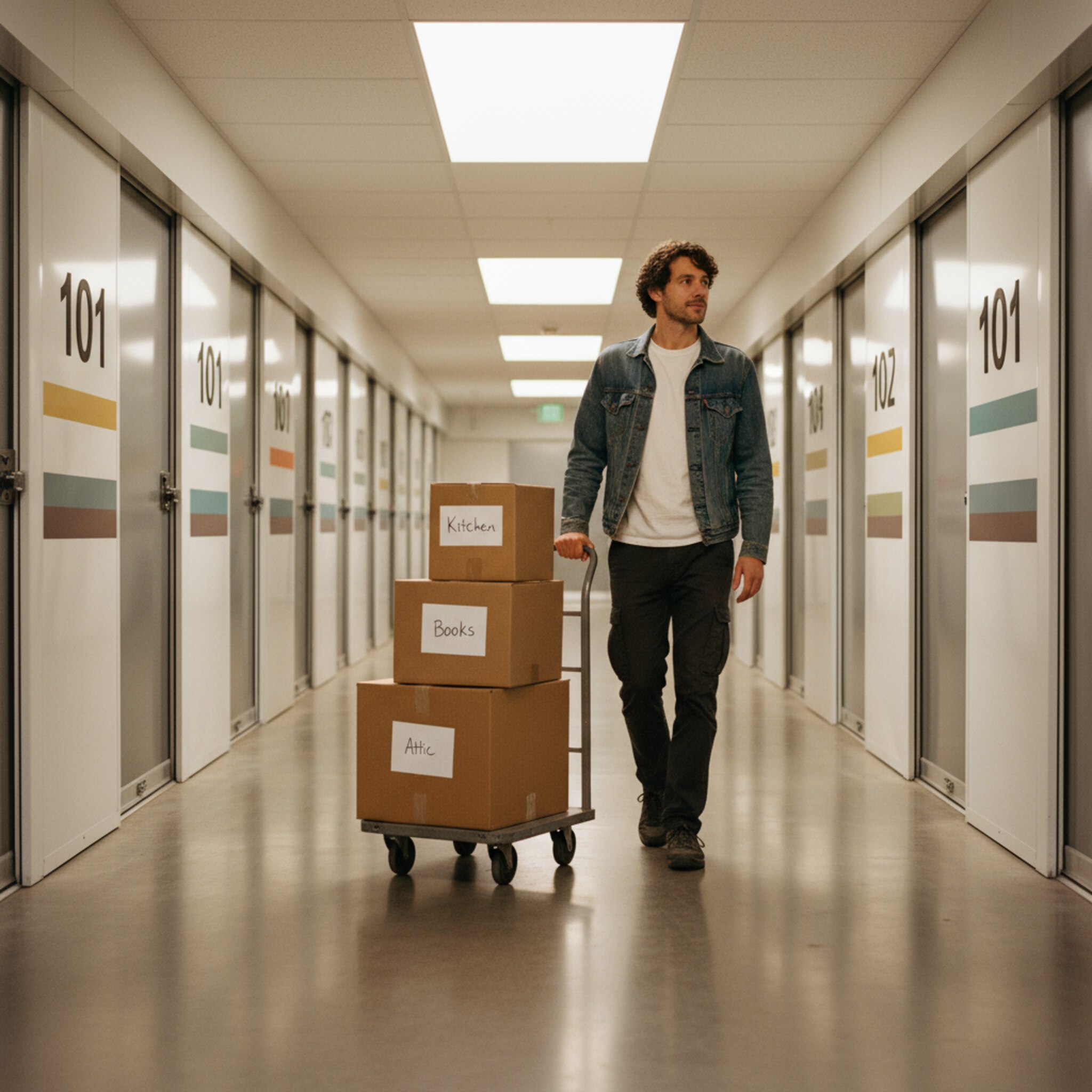 Ein heller Gang mit nummerierten, farbig markierten Stahltüren zieht sich in die Tiefe. Eine Person schiebt einen Rollwagen mit Kartons ruhig an den Reihen vorbei und hält kurz inne, um die Nummer zu prüfen. Weiches Tageslicht fällt durch ein Oberlicht und zeichnet klare Reflexe. Die Atmosphäre wirkt aufgeräumt, sicher und professionell.