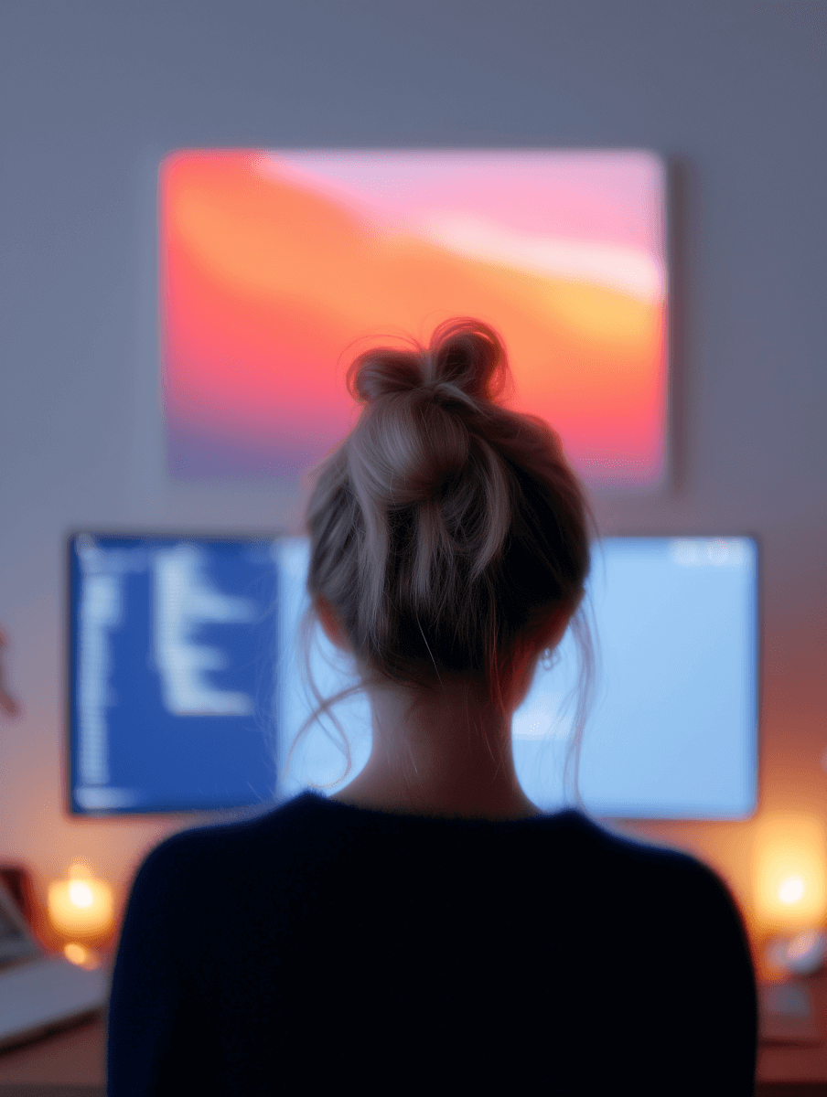 eine Frau sitzt an einem PC und arbeitet