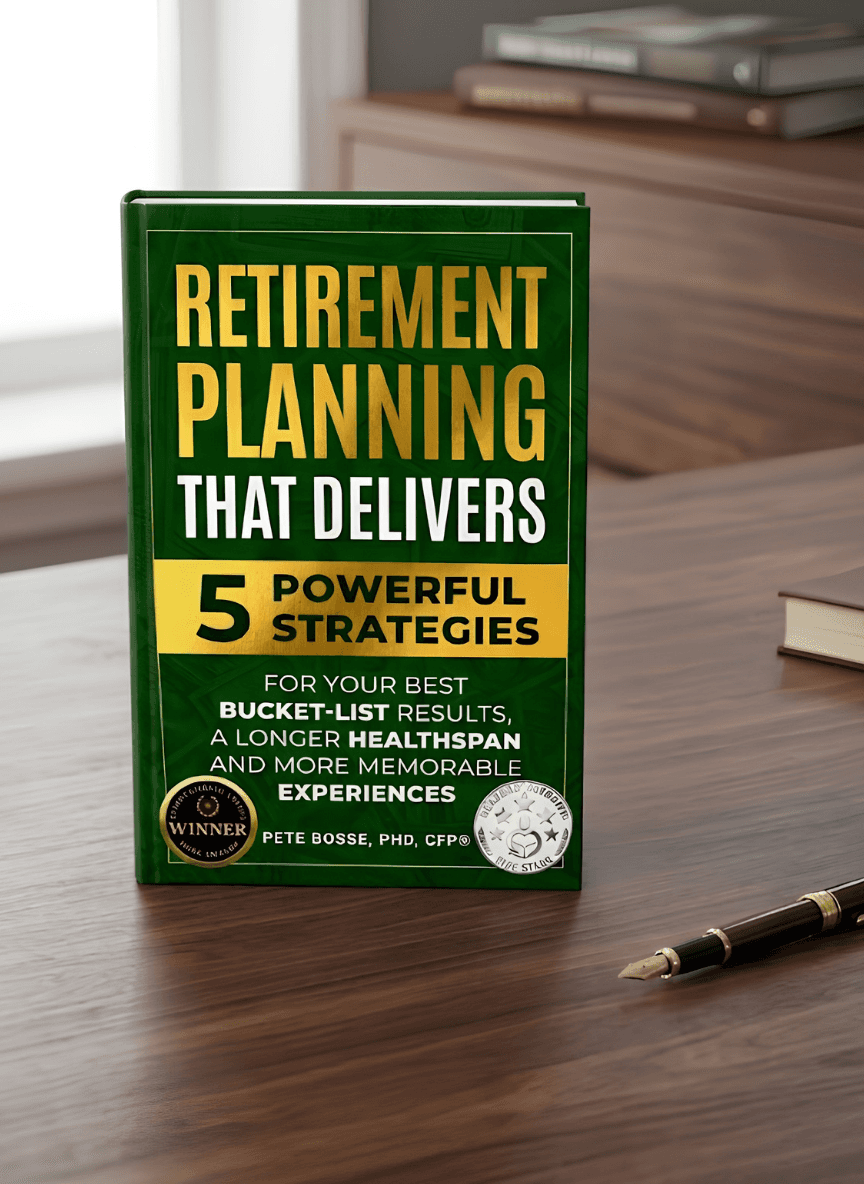 A green book titled "Retirement Planning That Delivers" sits on a wooden table, featuring gold and white text. A pen and papers are nearby.