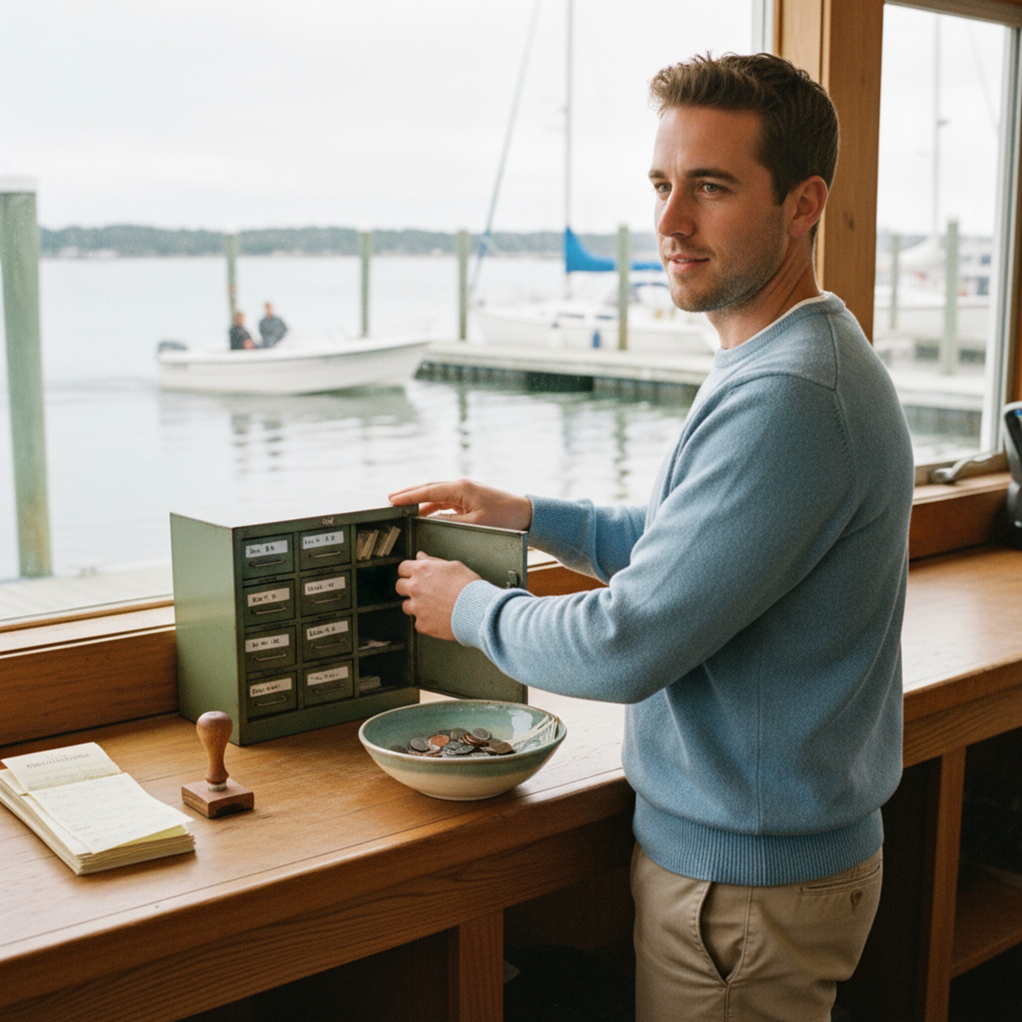 Hinter dem Tresen steht ein kleiner, verschließbarer Metallschrank mit beschrifteten Fächern. Auf dem Holzbrett liegen Quittungsblöcke und ein Stempel, daneben eine Schale mit Wechselgeld. Ein Mitarbeiter sortiert Belege und klappt den Schrank zu, während draußen ein Boot langsam vom Steg ablegt.