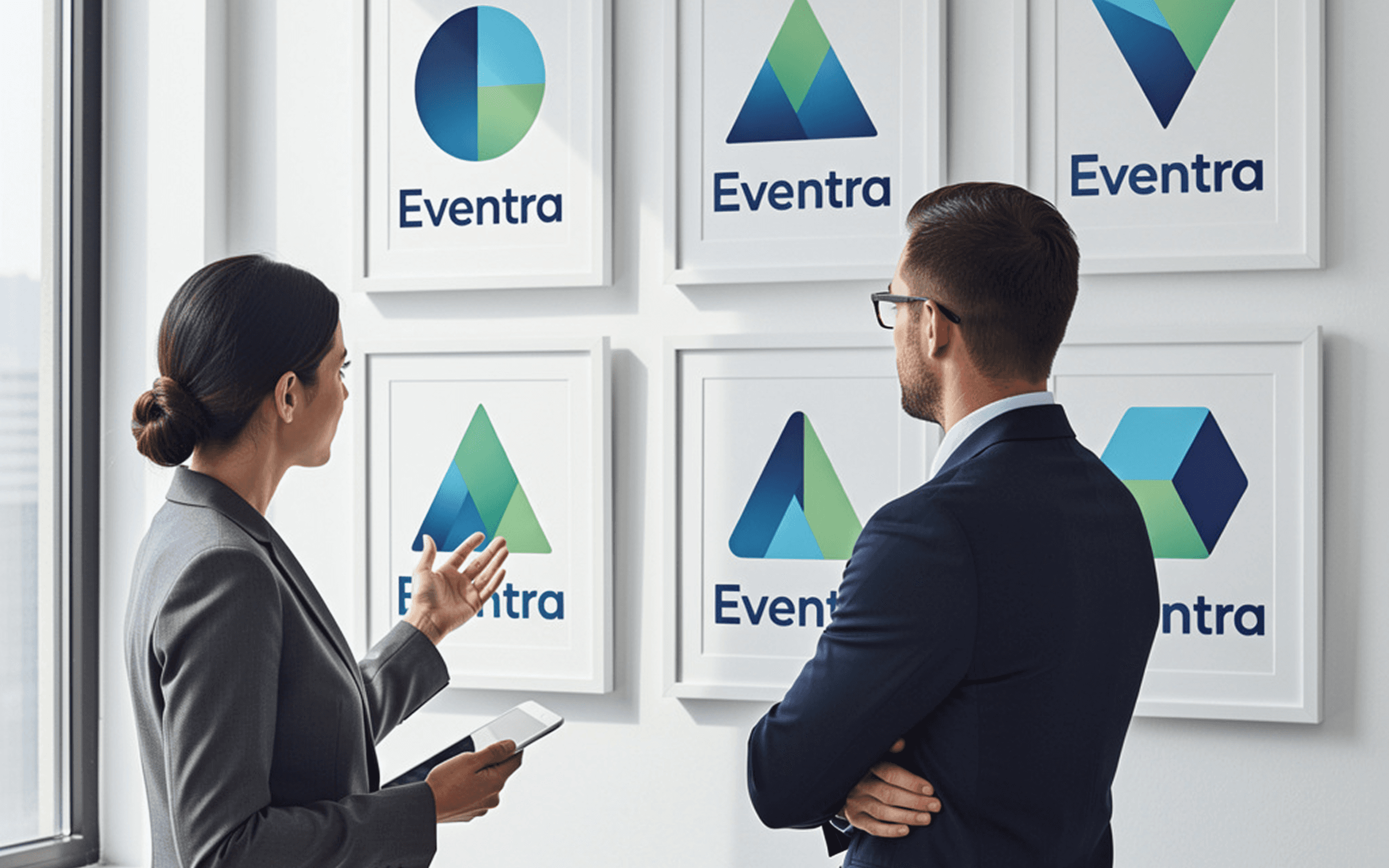 Man and woman review Eventra logo options on a white gallery wall.