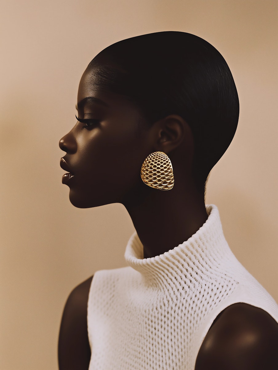Elegant profile of a woman with sleek hair, gold earring, and white textured top against a beige background.