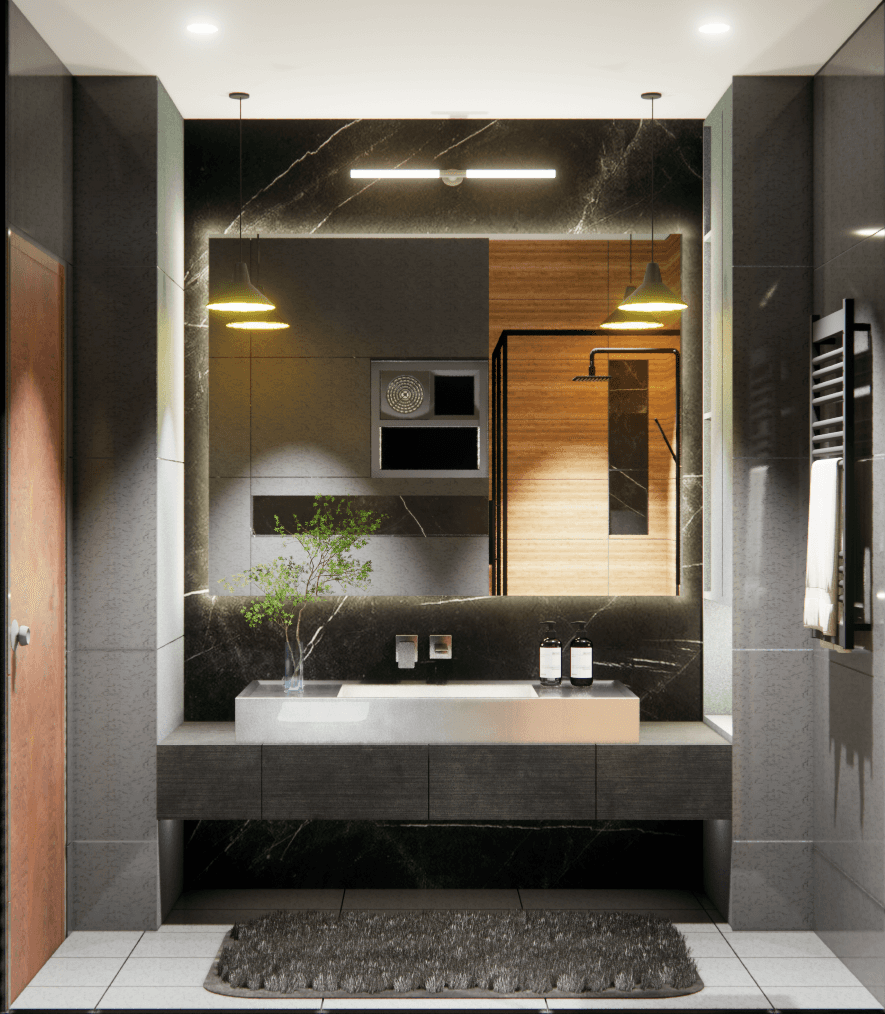 A modern building with multiple balconies, surrounded by trees and blue sky.