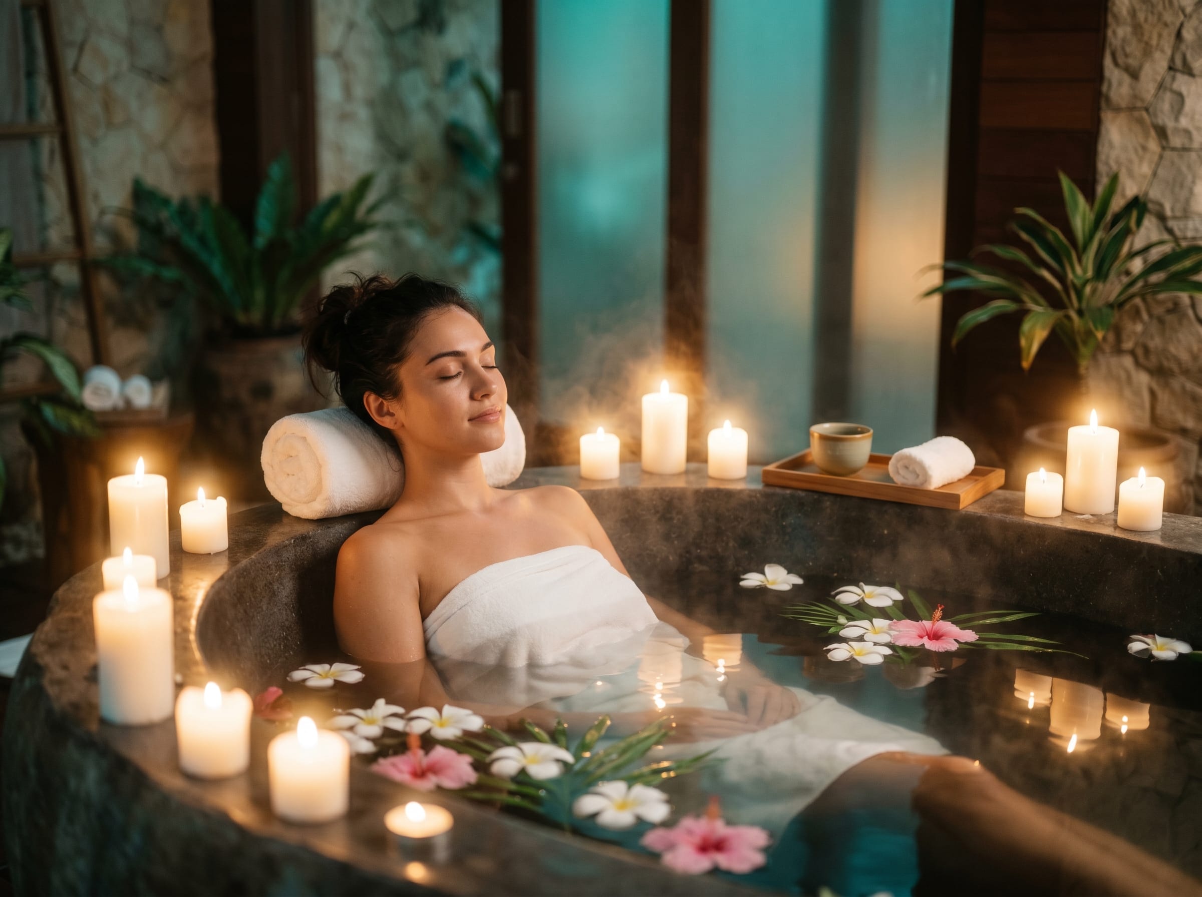 Woman enjoying a candlelit flower bath in a luxury spa setting