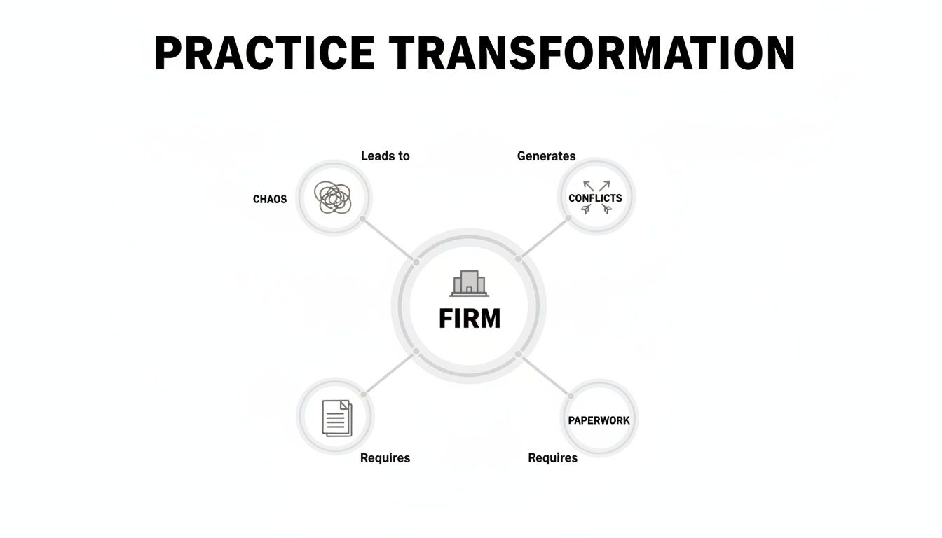 Diagram showing a firm facing chaos, conflicts, and paperwork, illustrating the need for practice transformation.