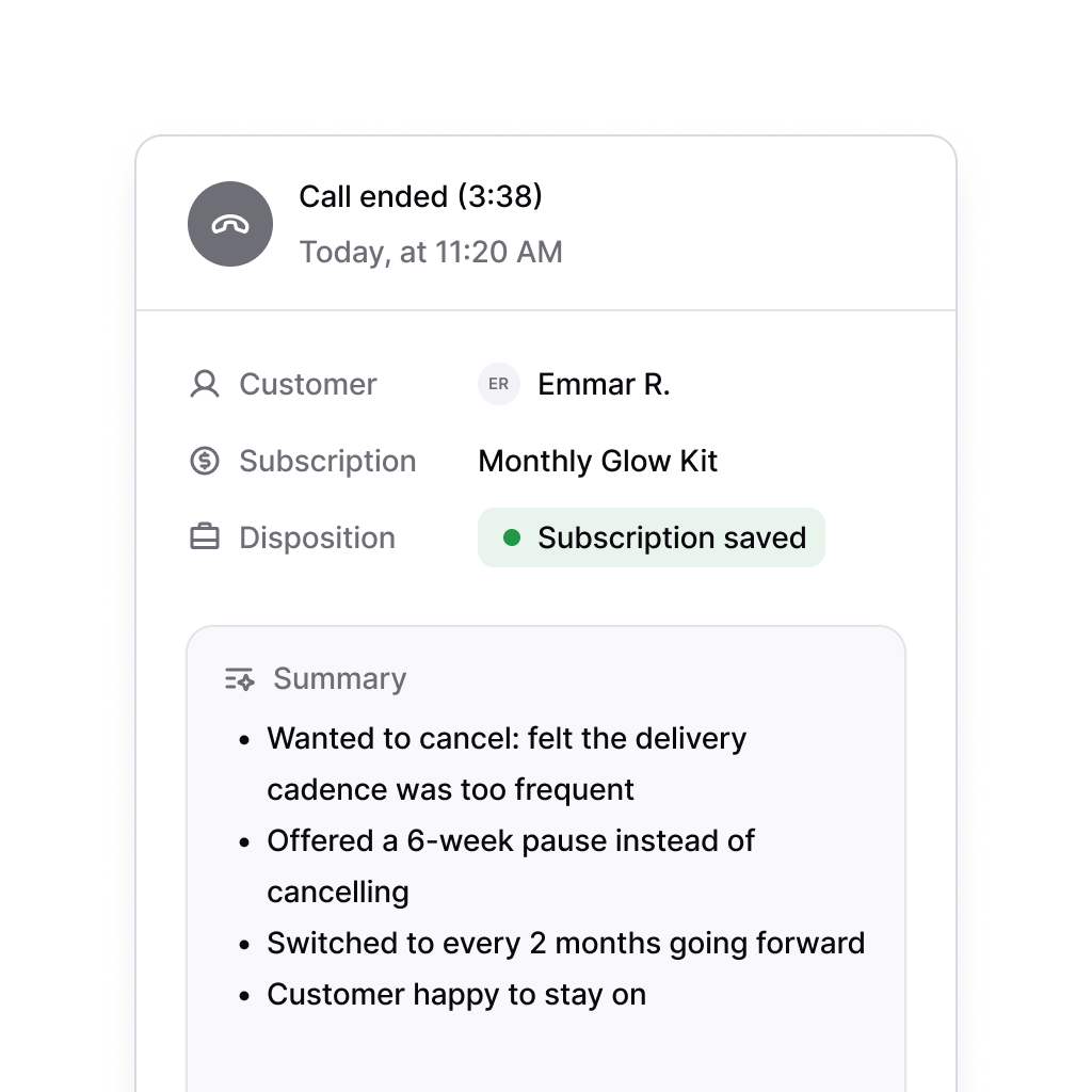 A Consio call details card showing a subscription save outcome for a Monthly Glow Kit customer, with an AI-generated summary of the retention conversation and next steps logged against the customer record.