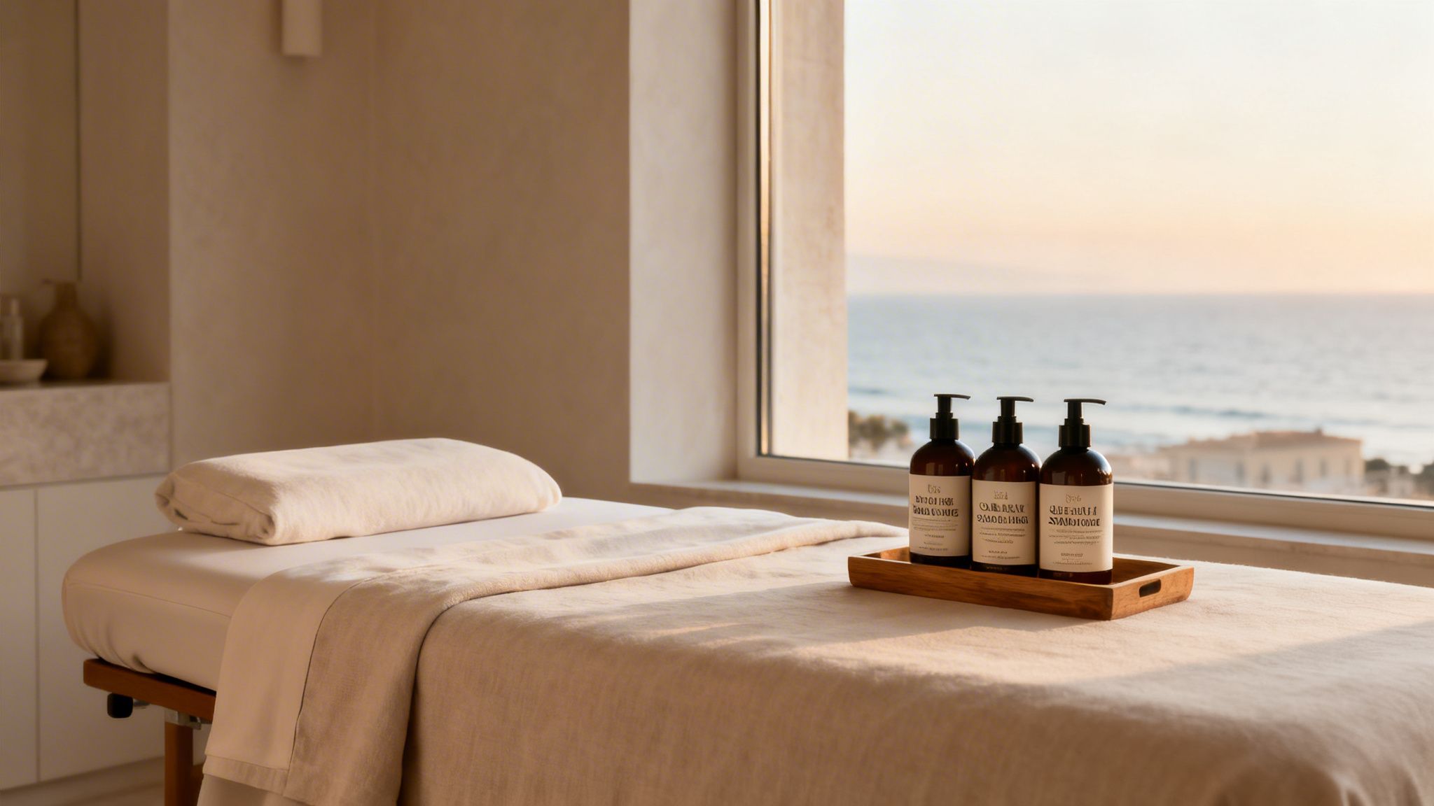 A serene spa room with a massage bed, ocean view, and luxury bath products at sunset.