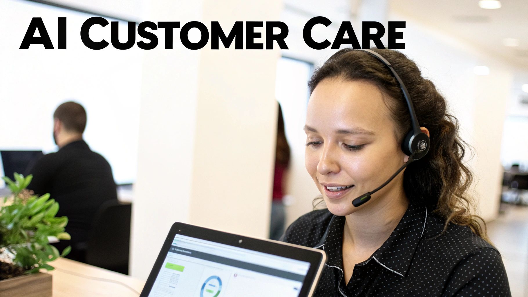 A smiling woman wearing a headset looks at a tablet with graphs, managing AI customer care.