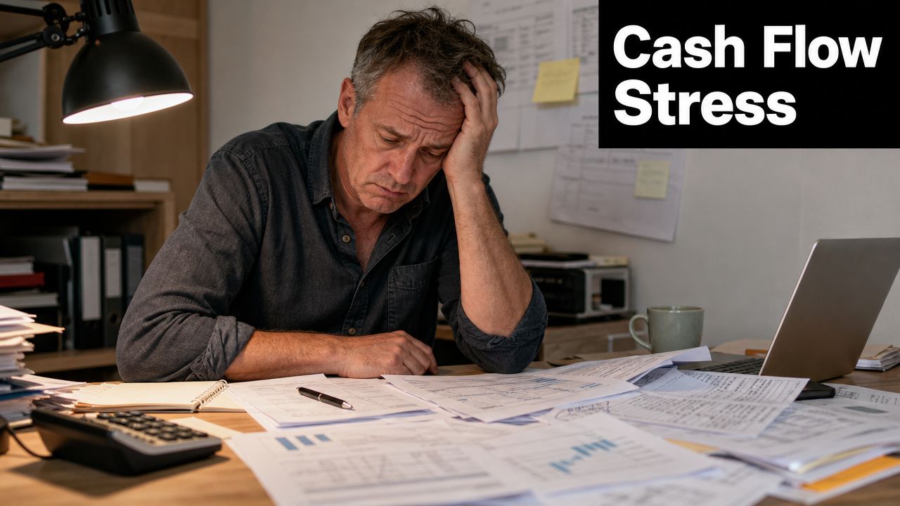 A stressed man sitting at a desk surrounded by financial documents and spreadsheets, looking exhausted.