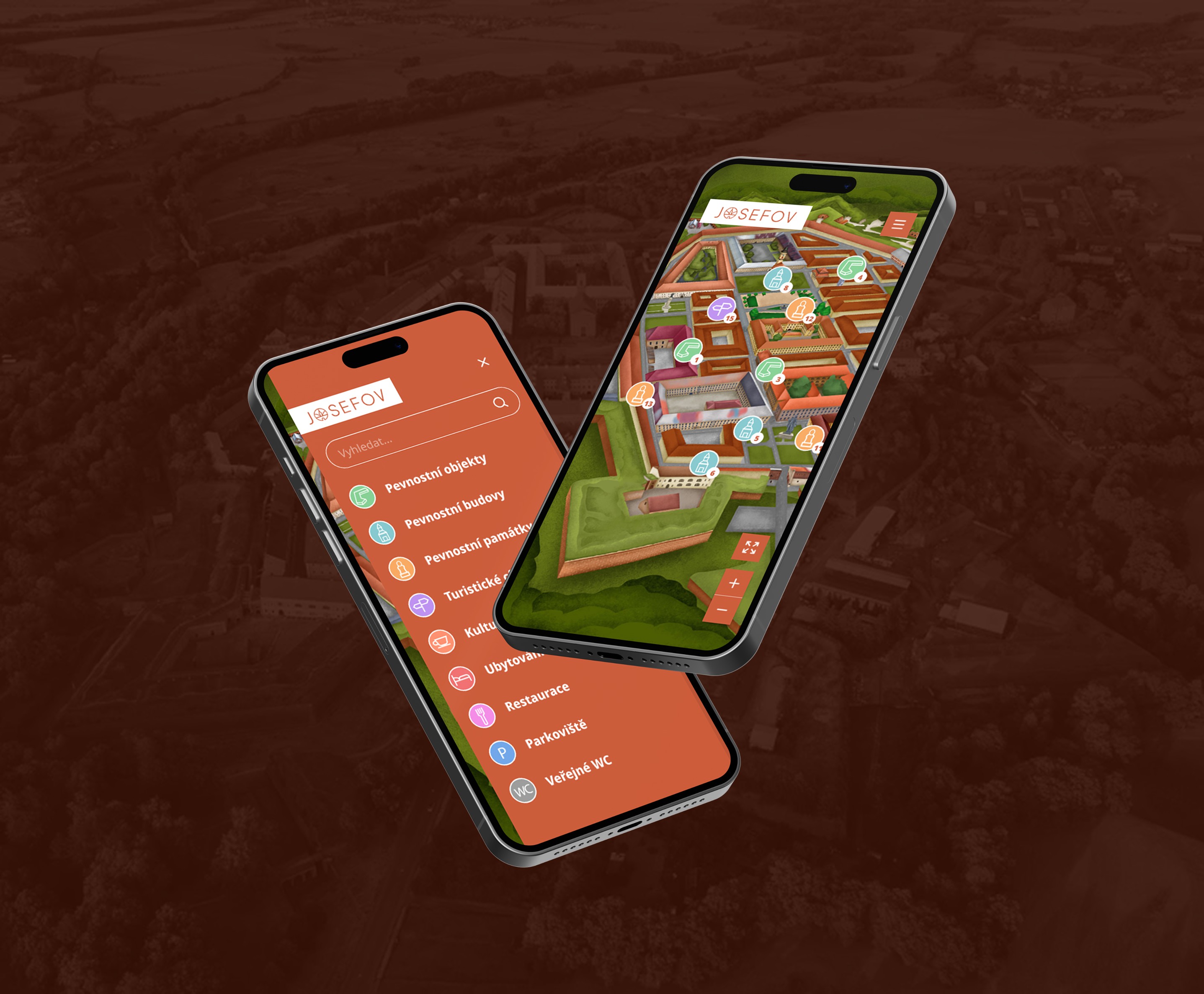 Dva telefony s mapou Živý Josefov