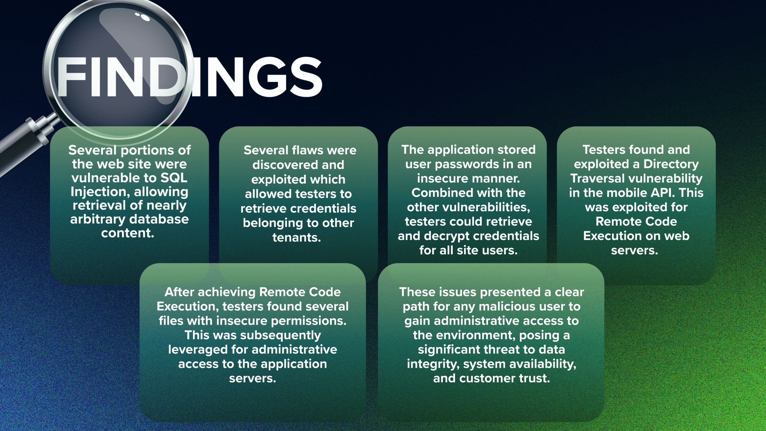● Several portions of the web site were vulnerable to SQL Injection, allowing retrieval of nearly arbitrary database content. ● Several flaws were discovered and exploited which allowed testers to retrieve credentials belonging to other tenants. ● The application stored user passwords in an insecure manner. Combined with the other vulnerabilities, testers could retrieve and decrypt credentials for all site users. Testers found and exploited a Directory Traversal vulnerability in the mobile API. This was exploited for Remote Code Execution on web servers. After achieving Remote Code Execution, testers found several files with insecure permissions. This was subsequently leveraged for administrative access to the application servers.