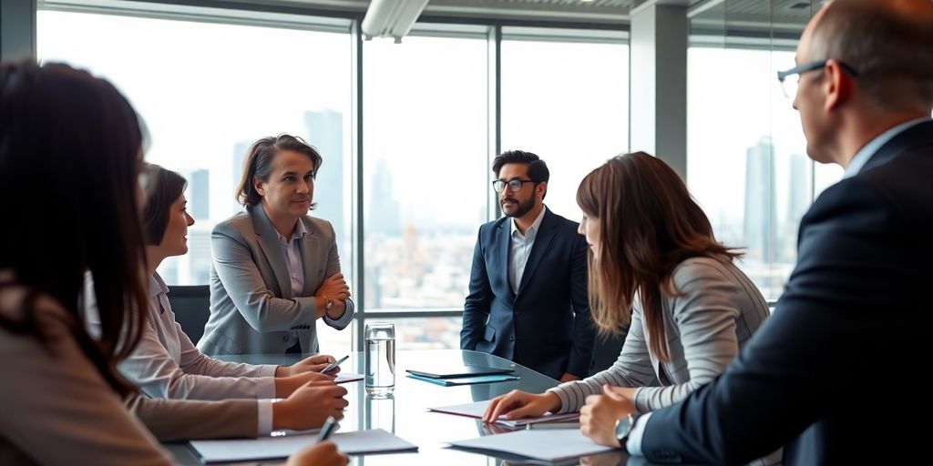 Business meeting in a modern office with diverse professionals.