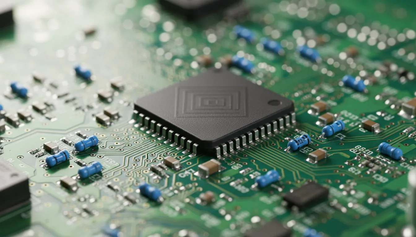 Macro DSLR photograph of a complex computer circuit board, sharp focus on a central square black microchip. The vibrant green PCB features intricate copper traces, silver solder points, blue resistors, and other electronic components. Soft studio lighting provides even illumination, highlighting the technical details. A shallow depth of field creates a soft bokeh effect in the background.