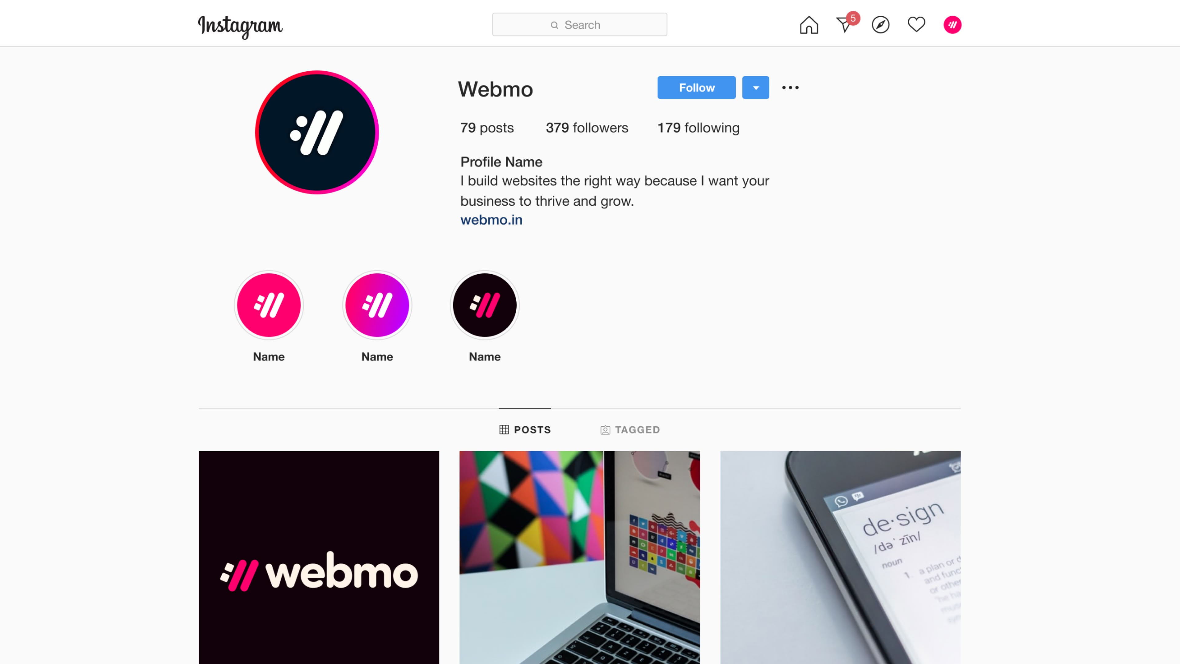 A mock-up of an Instagram account showing the WebMO logo in different various colors, focusing on magenta and purple. 