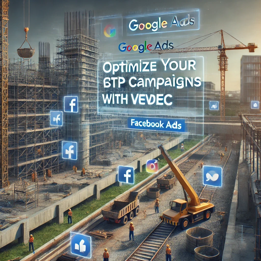 Une image illustrant un chantier BTP avec une surimpression d'une annonce Google et Facebook