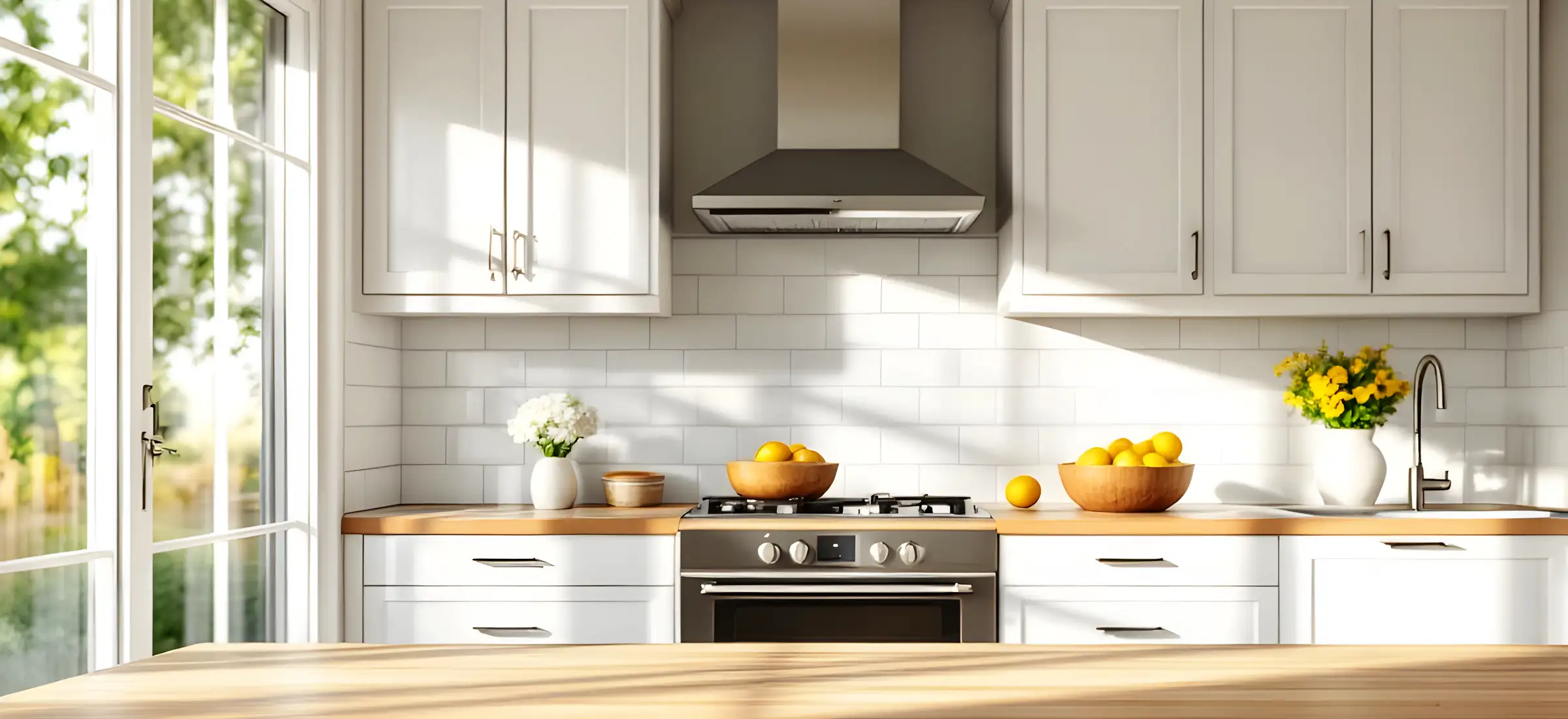 Stylish kitchen featuring wooden cabinets and bright lighting