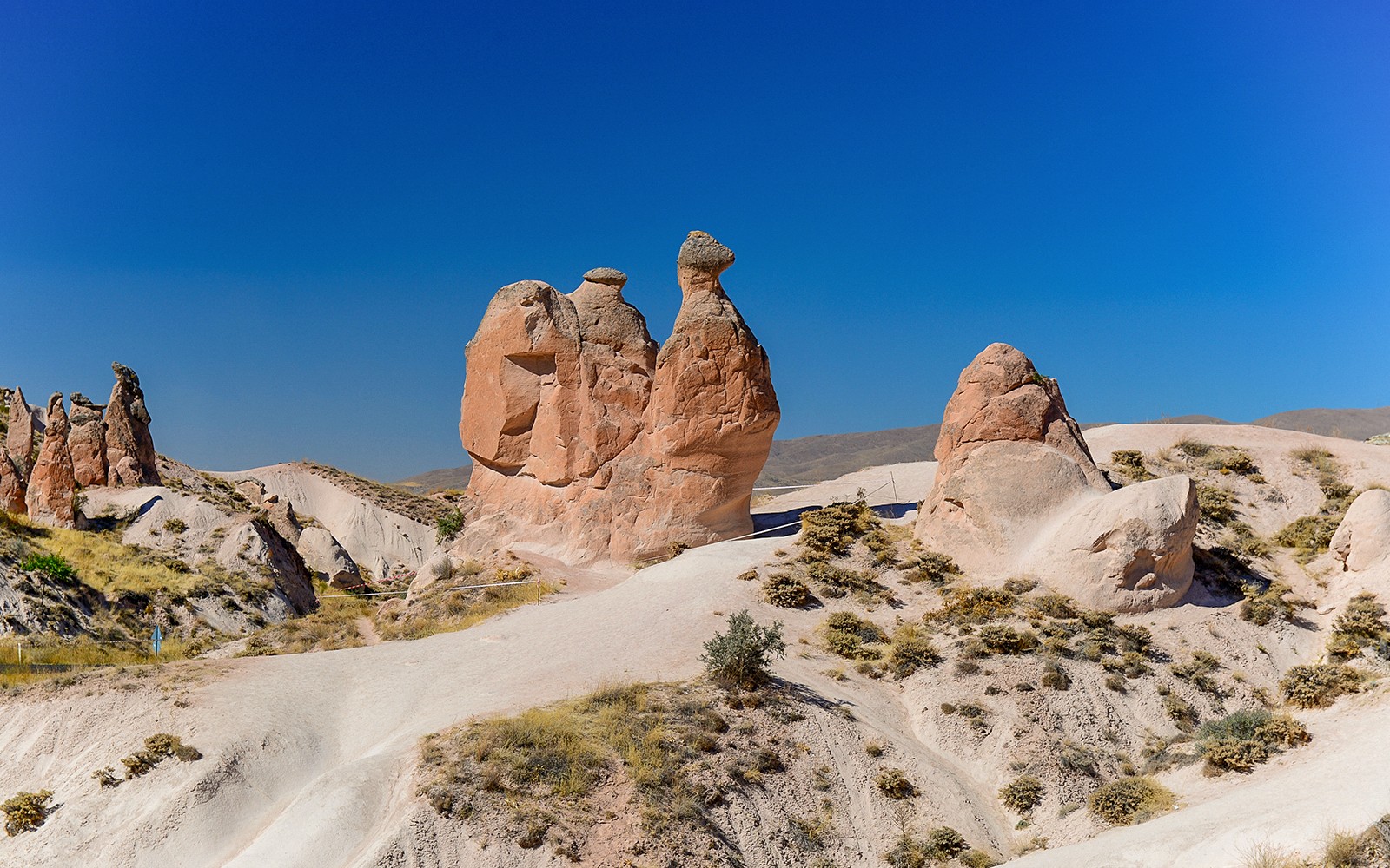 Cappadocia, Devrent Vadisi'ndeki kaya oluşumları, berrak mavi bir gökyüzü altında.