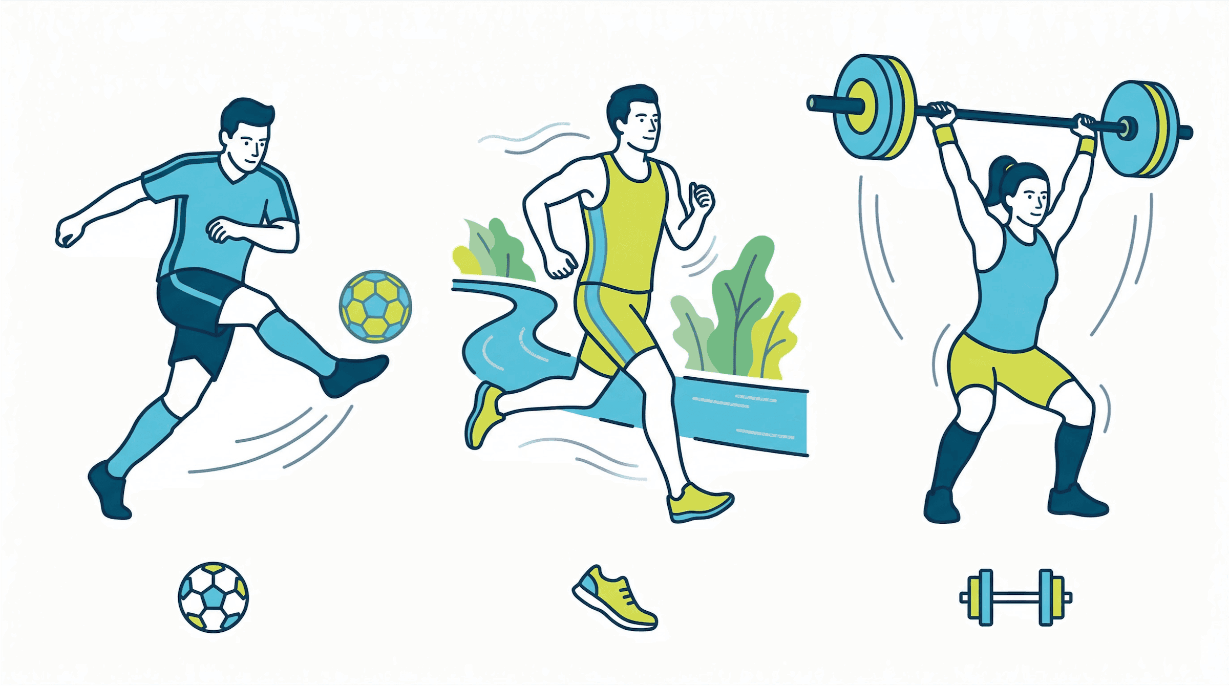 Illustration mit drei Sportarten. Fußball, Joggen und Cross fit