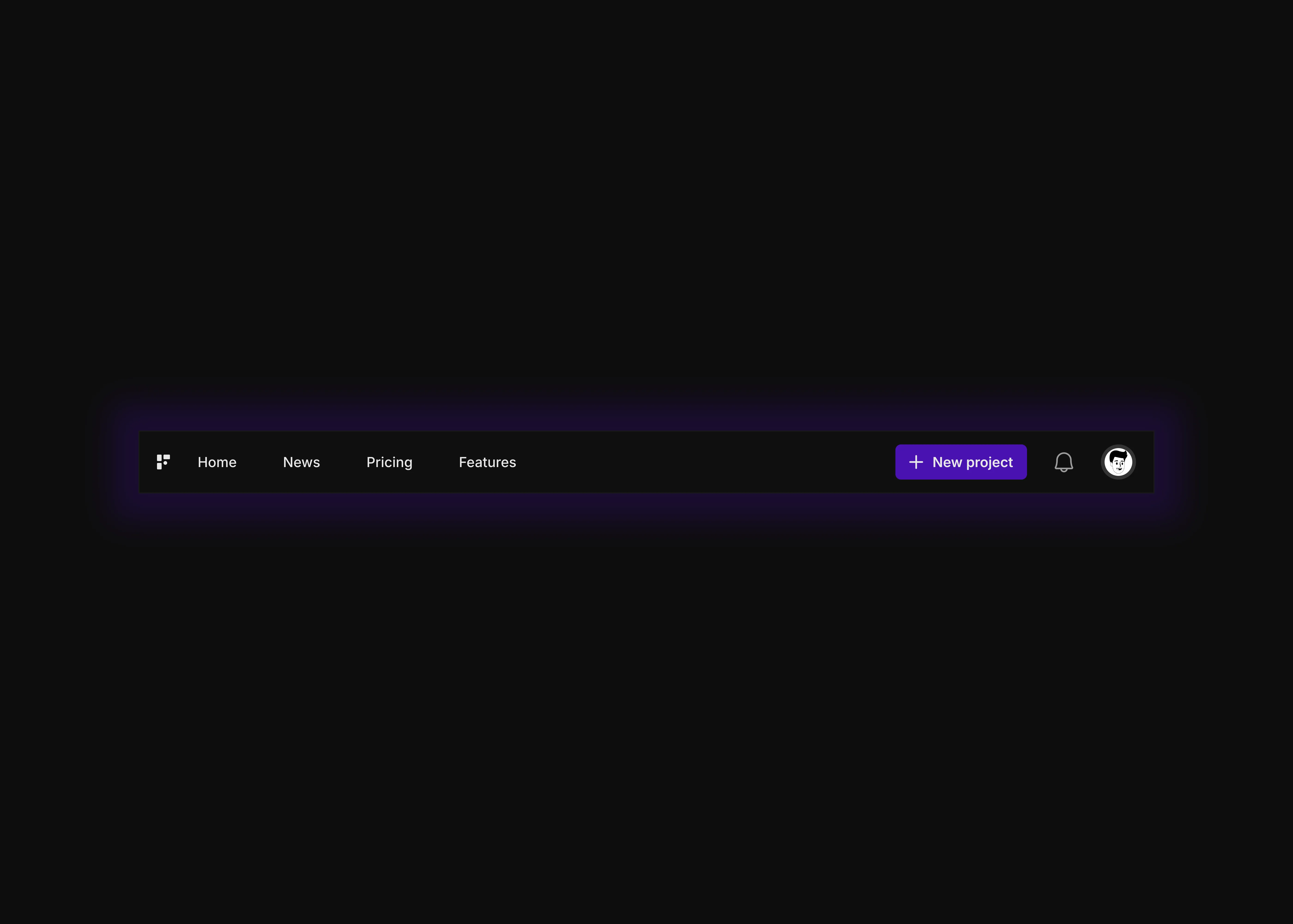 A dark themed navigation bar with user buttons and navigation texts with brand logo. This image is for desktop screen sizes.
