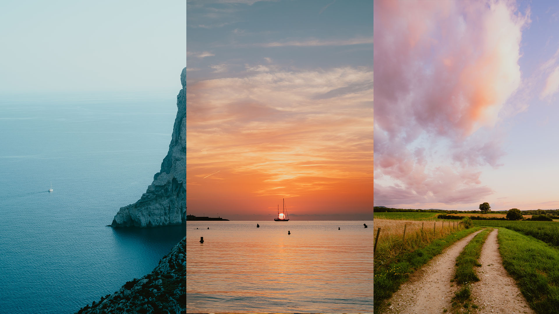 Three vertical images of cliffs over the ocean, sunset over a boat on the ocean, and sunset over a field