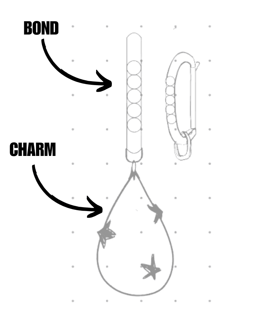 Hand-drawn concept sketch of an accessory system, featuring a long beaded bond element and a teardrop-shaped charm decorated with small stars.