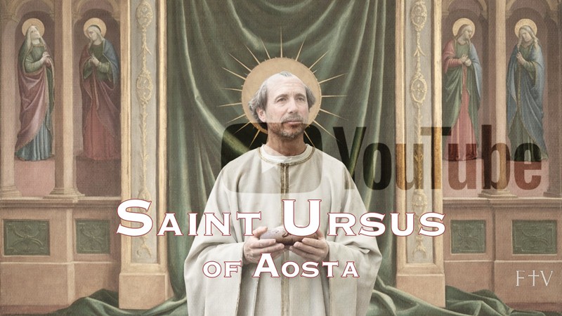Sacred artwork by Faith and Verse. © Faith and Verse, 2026. All rights reserved. Portrait of Saint Ursus of Aosta, priest and confessor, holding Pan Ner bread.
