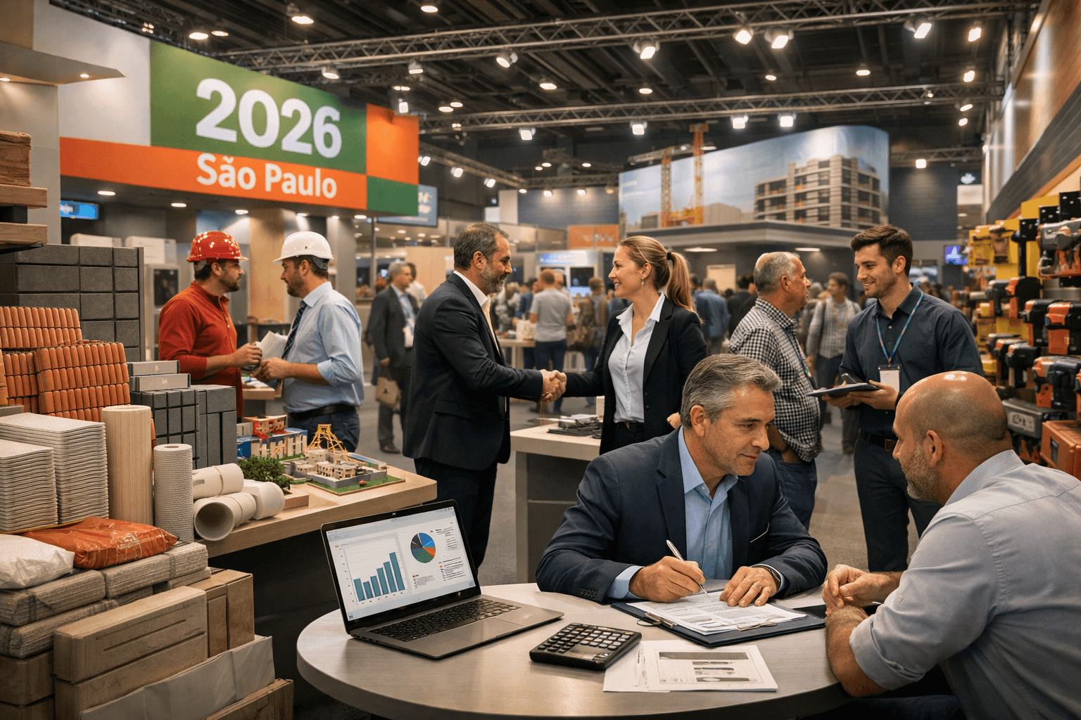 Feira de construção em ambiente interno moderno, com estandes exibindo materiais como pisos, tubos e ferramentas. Em primeiro plano, profissionais conversam e analisam documentos em uma mesa, com notebook mostrando gráficos. Ao fundo, pessoas circulam e negociam, incluindo um aperto de mãos entre dois participantes, representando acordos comerciais. Ambiente amplo, iluminado, com estrutura metálica no teto e clima de evento corporativo.