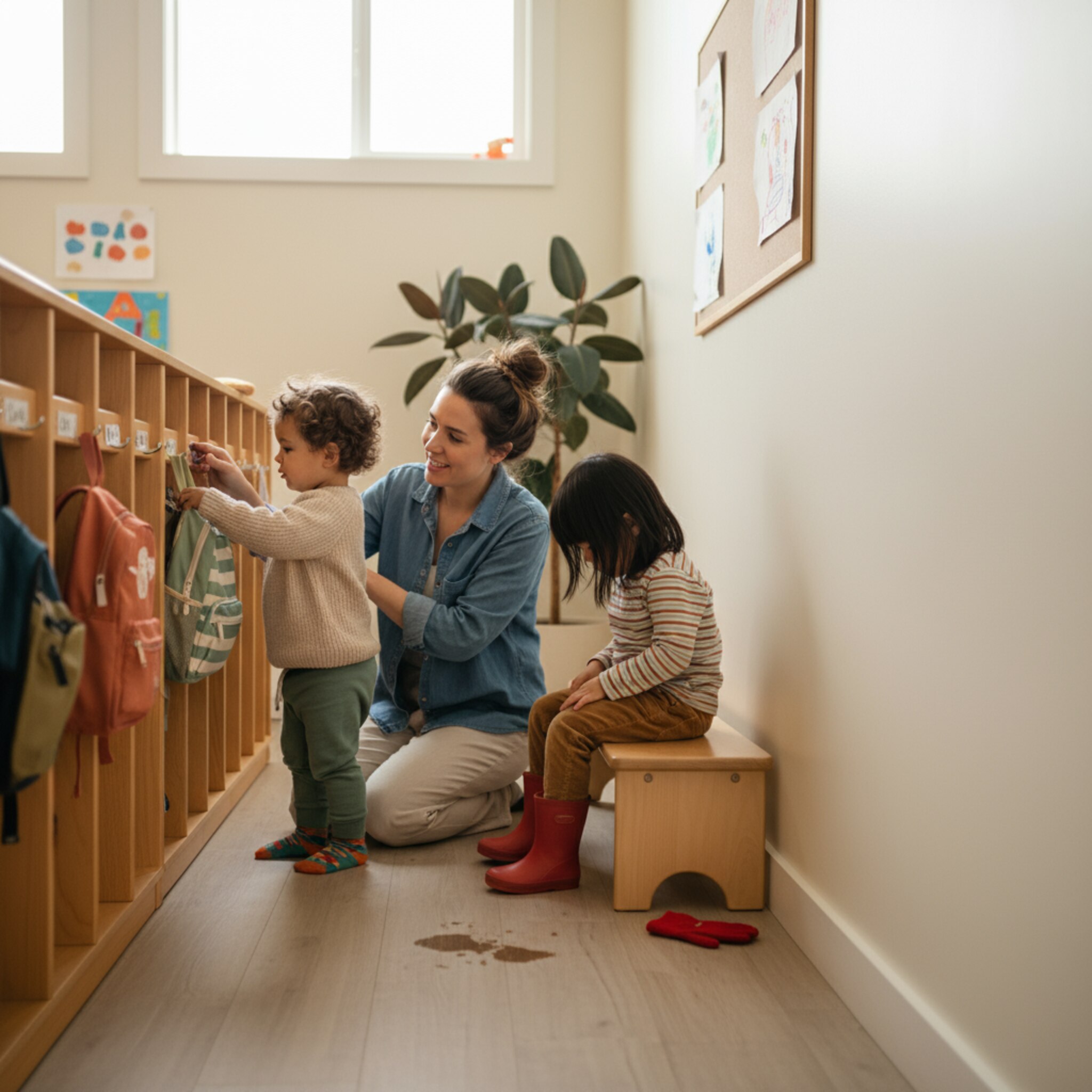 Sonnendurchfluteter Kita-Gruppenraum mit vorbereiteten Garderobenplätzen und Namensschildern, kleine Rucksäcke hängen ordentlich, ein neues Kind probiert seinen Platz, natürliche Farben