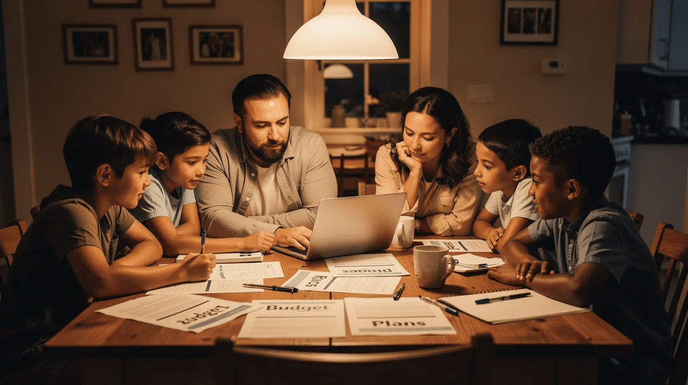A family is gathered around a dining table, illuminated by warm light, as they review documents and a laptop together, discussing the mission and effectiveness of various charities. Their engagement reflects a commitment to understanding how donations can impact nonprofits and support their organization's goals.