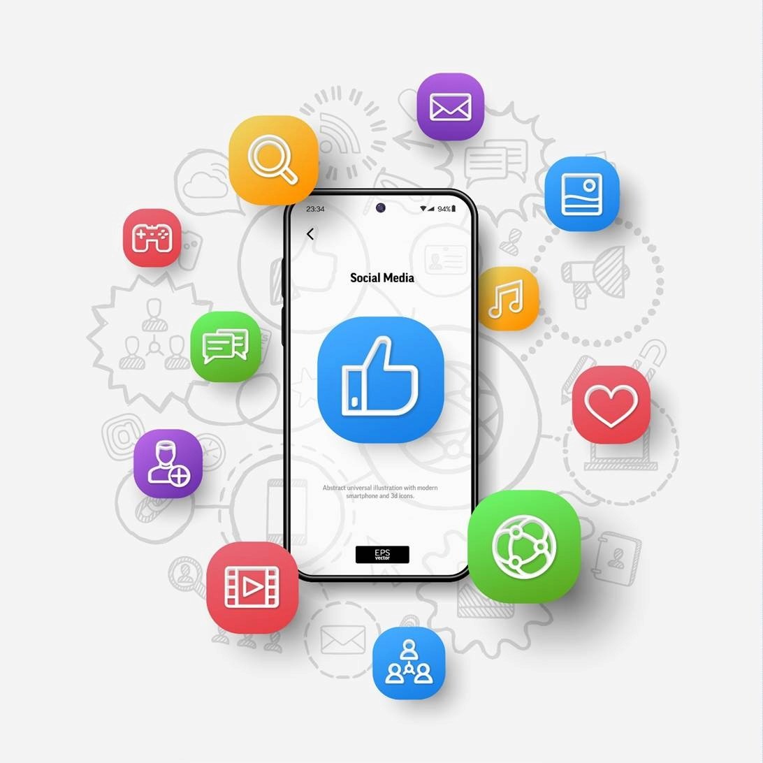 Illustration of a smartphone displaying a social media app with colorful 3D icons for messaging, video, search, and engagement floating around it