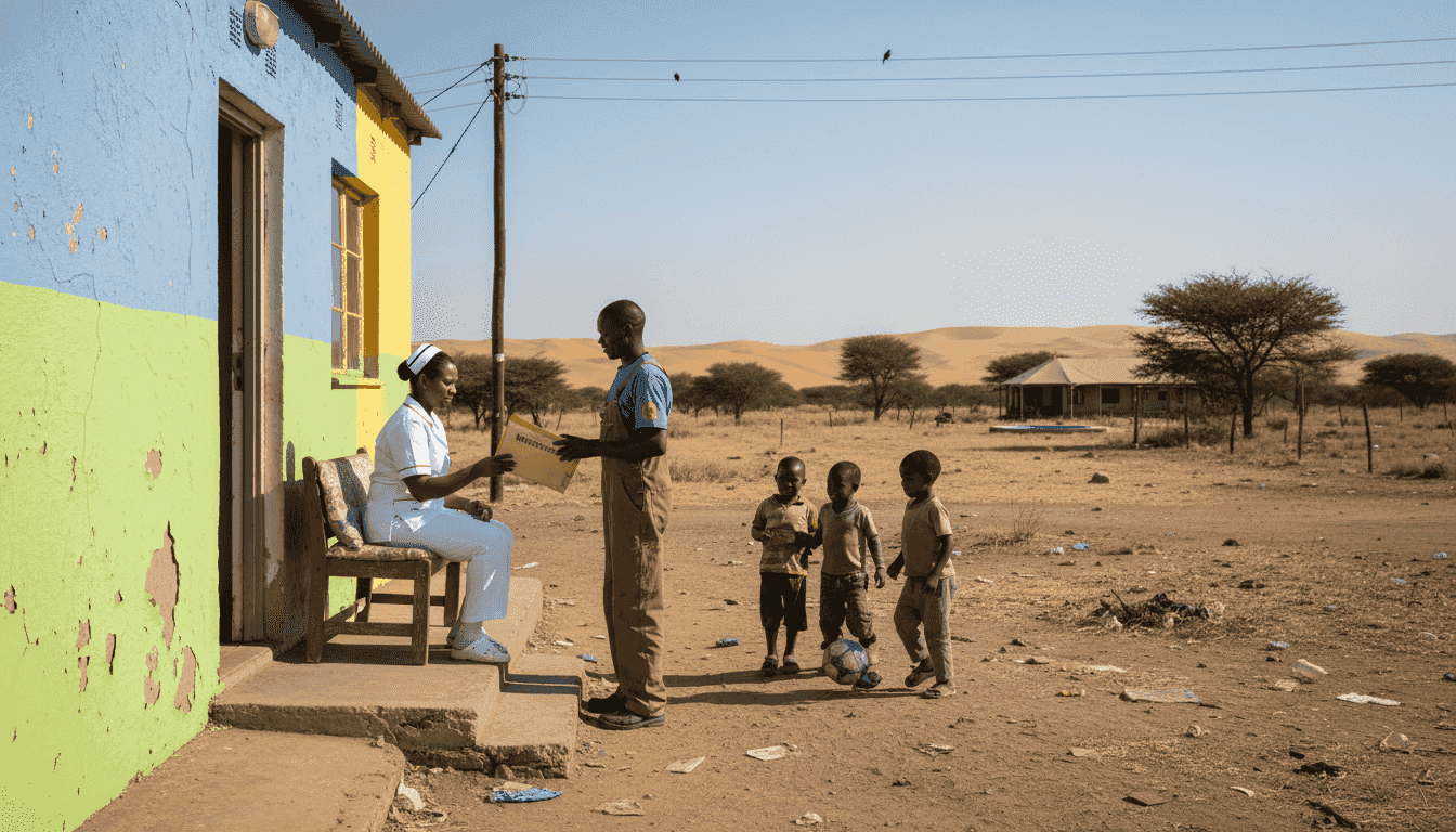 Village health clinic with local staff and children