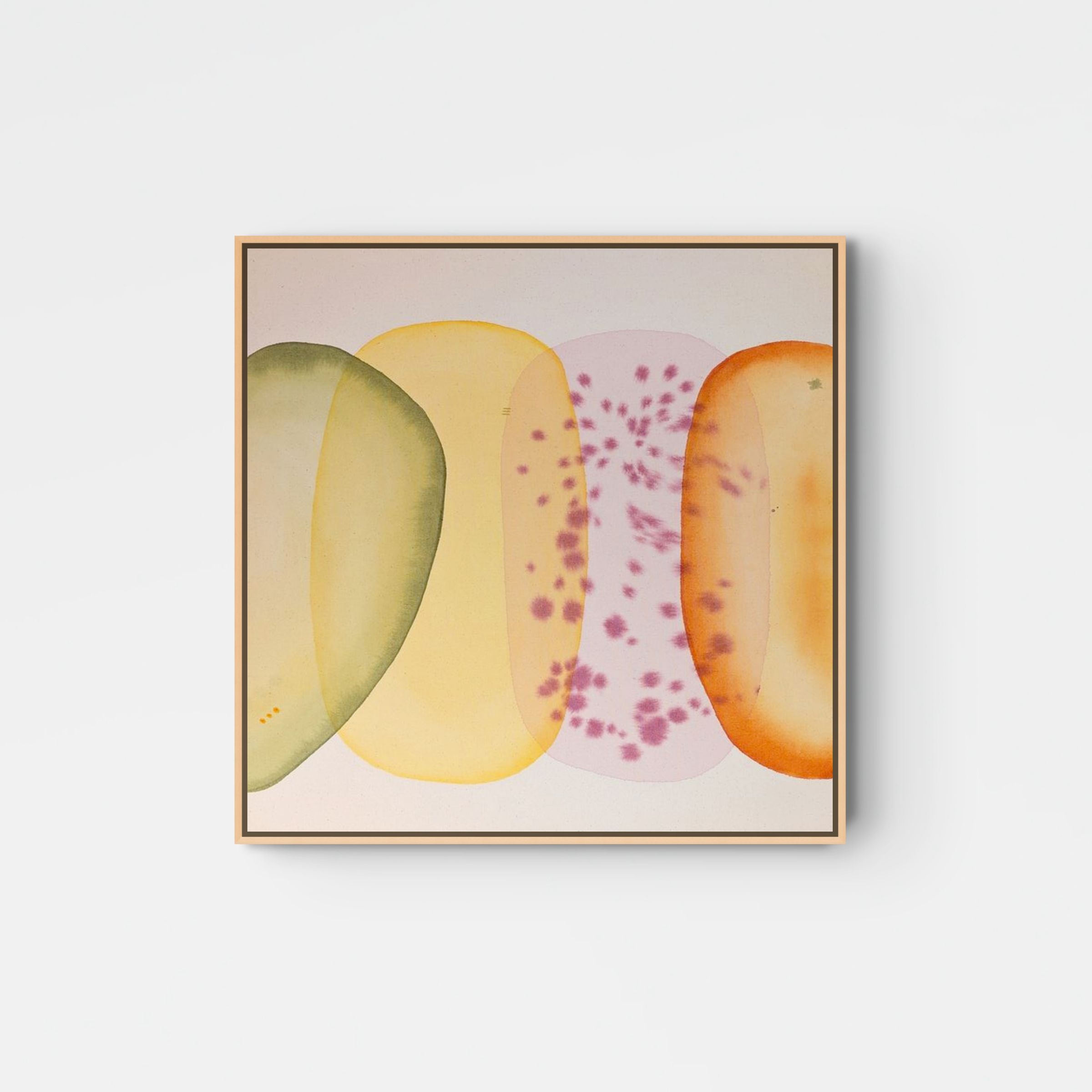 A colorful abstract design featuring curved shapes in yellow, orange, and pink on a soft background.