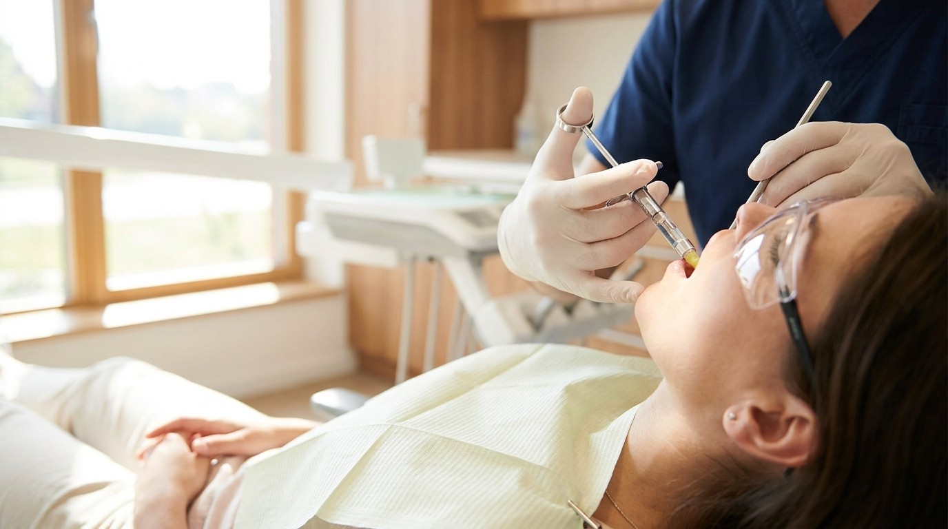 A dentist applies local anesthetic to a relaxed patient before starting a crown procedure.