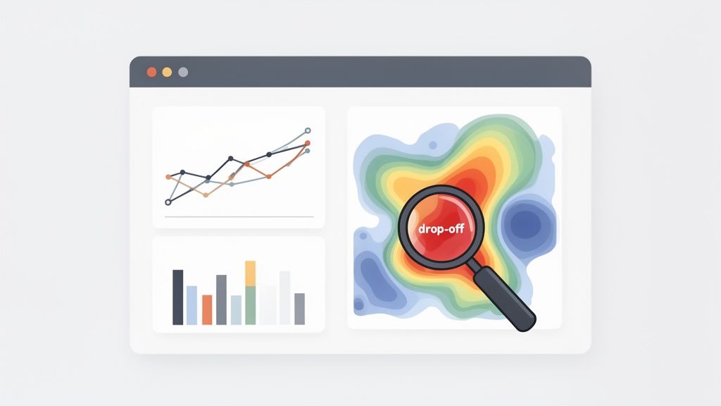A data dashboard with line charts, bar charts, and a heatmap highlighting 'drop-off' areas.