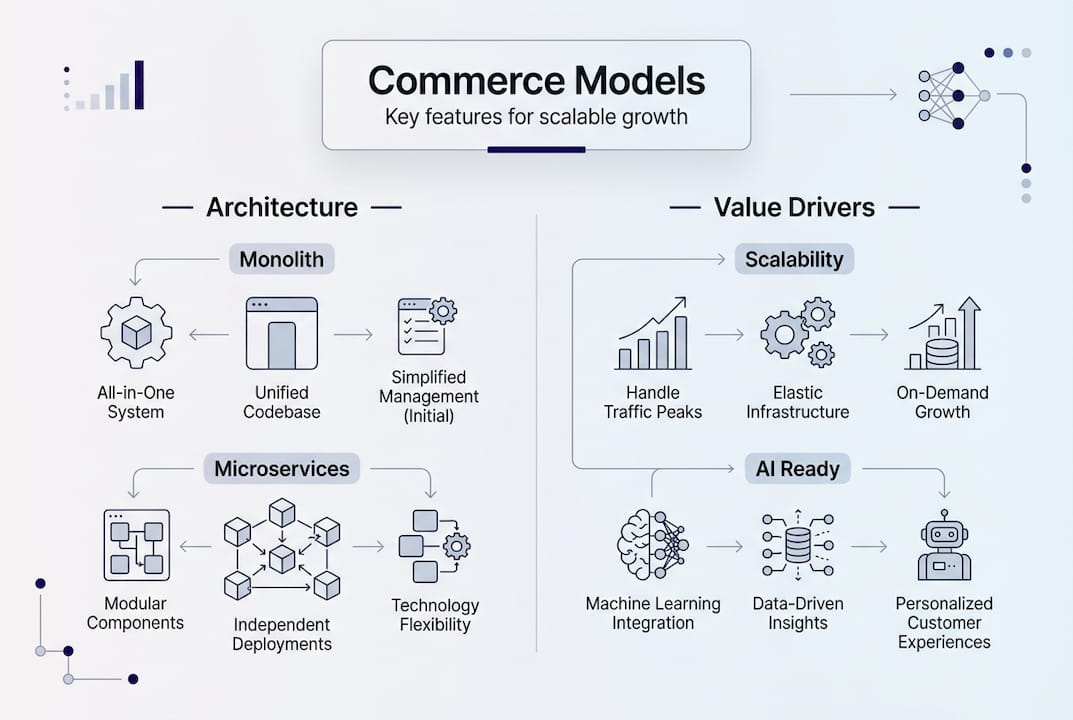Infographic contrasting commerce model architectures