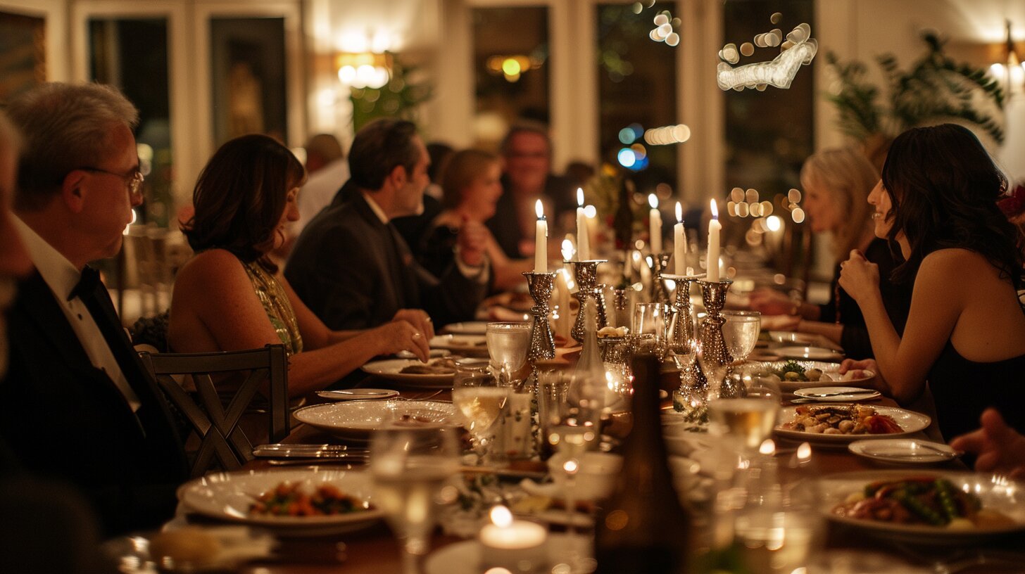 Elegant large dinner party in a Houston home with fine dining setup, professional chef service, and guests enjoying a refined celebration.