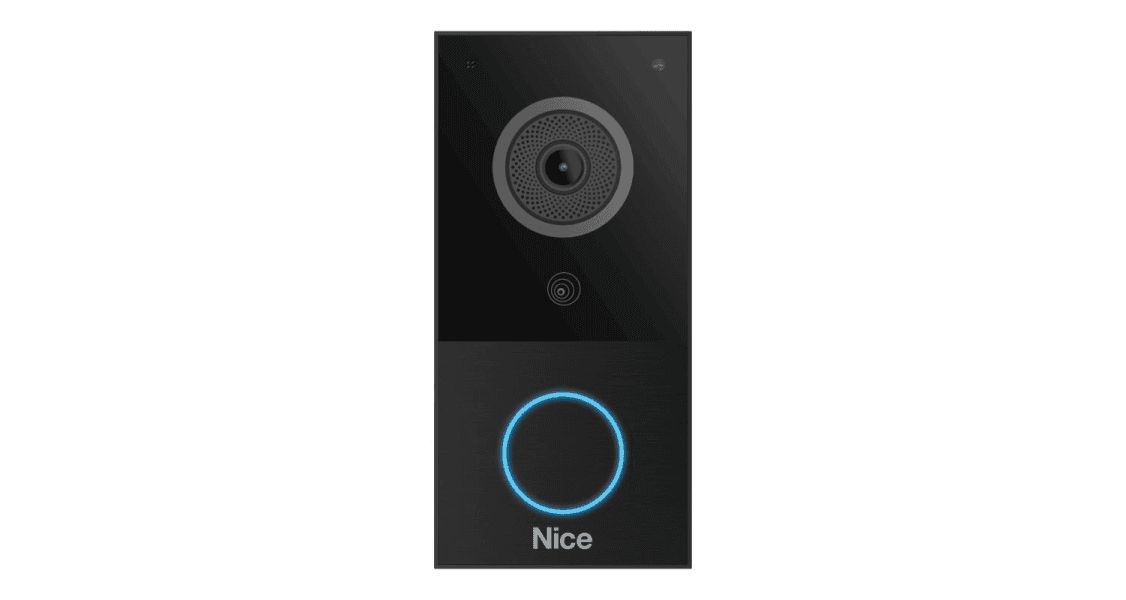 Smart doorbell with camera and blue light button.