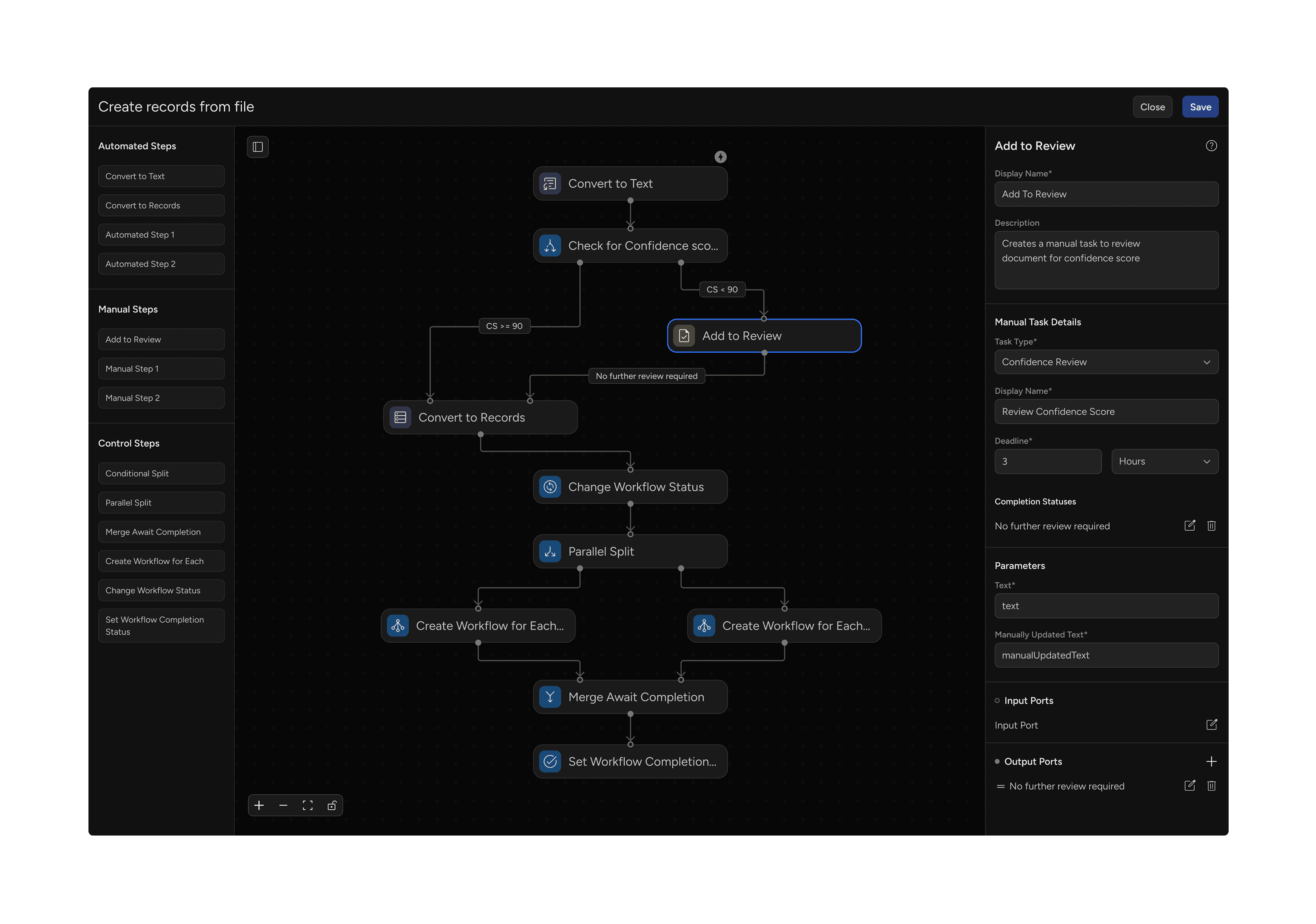 Workflow builder with โAdd to Reviewโ step selected and task details on right