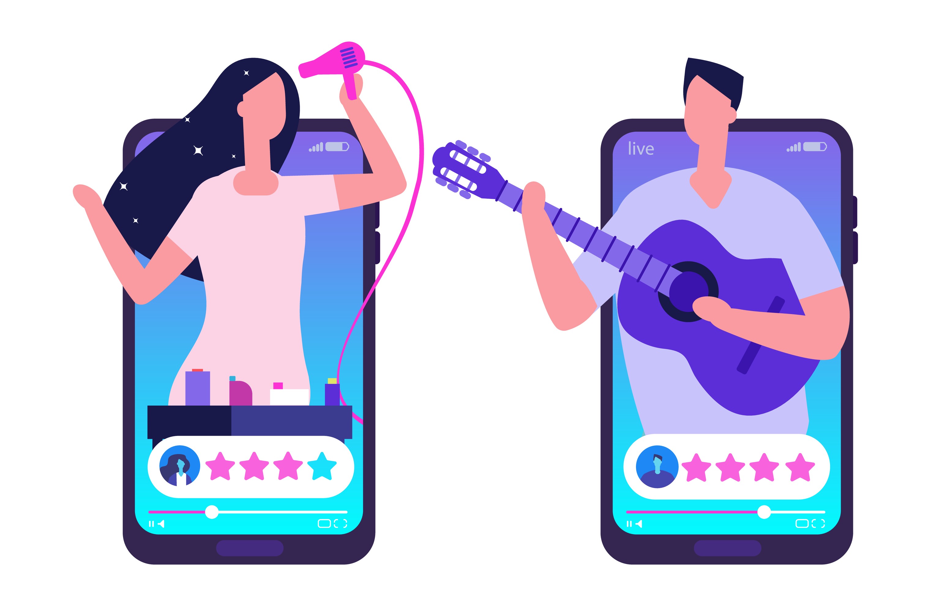 Beauty and music creators streaming live on mobile with star ratings