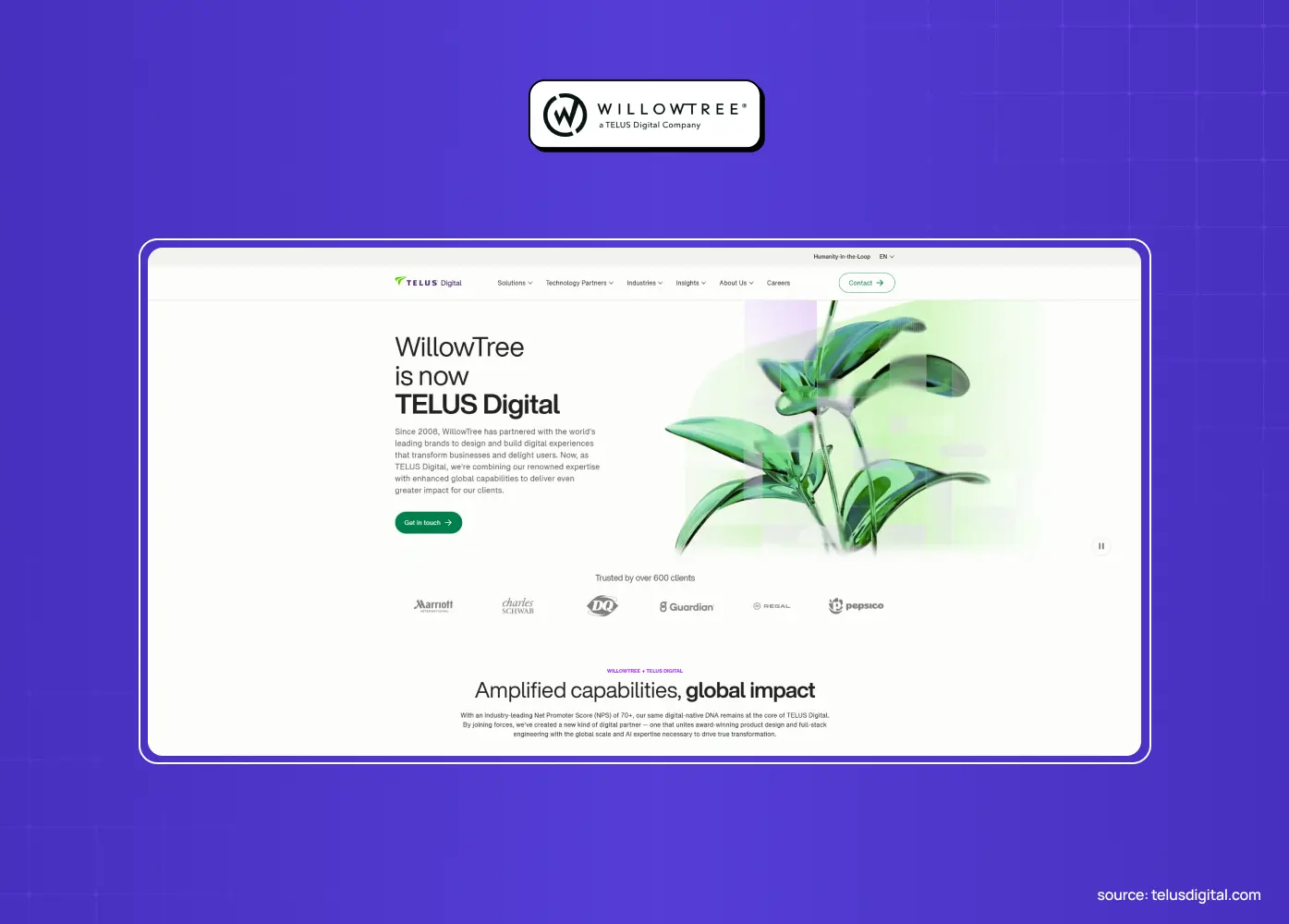 TELUS Digital homepage showcasing WillowTree’s rebrand, with a botanical hero visual and global digital experience messaging. 