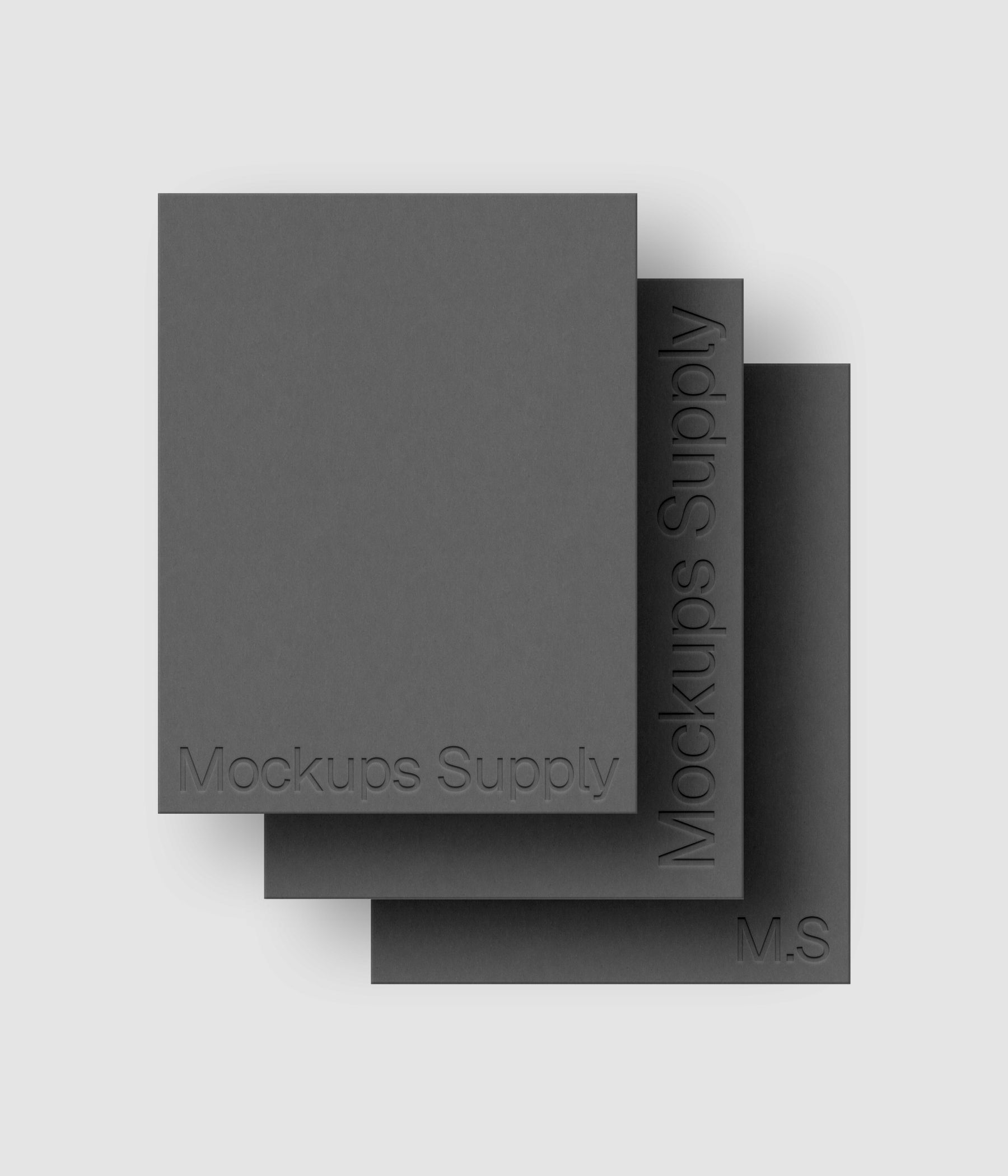 Three US Letter paper mockup PSD portrait with debossed logo effect, gray papers on white background, modern minimal stationery mockup for print design and brand identity