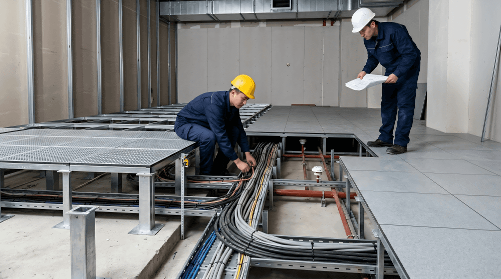 數據中心架高地台與佈線示意(600mm高架地板作冷風通道及電纜光纖空間,符合結構安全與消防規範要求)