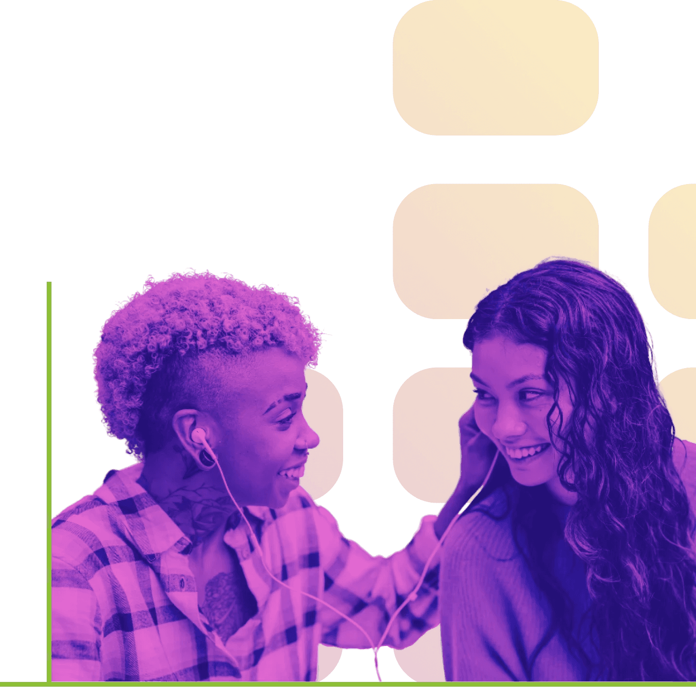 Two young women sharing earbuds and listening to music. They are smiling at each other. The photo is very stylized, in hues of hot pink and purple.