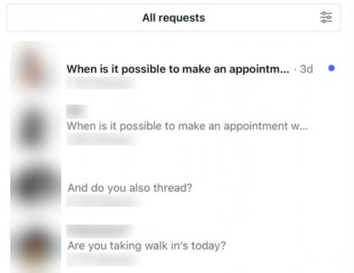 Instagram message requests asking when it is possible to make an appointment, whether threading is offered and whether walk-ins are available